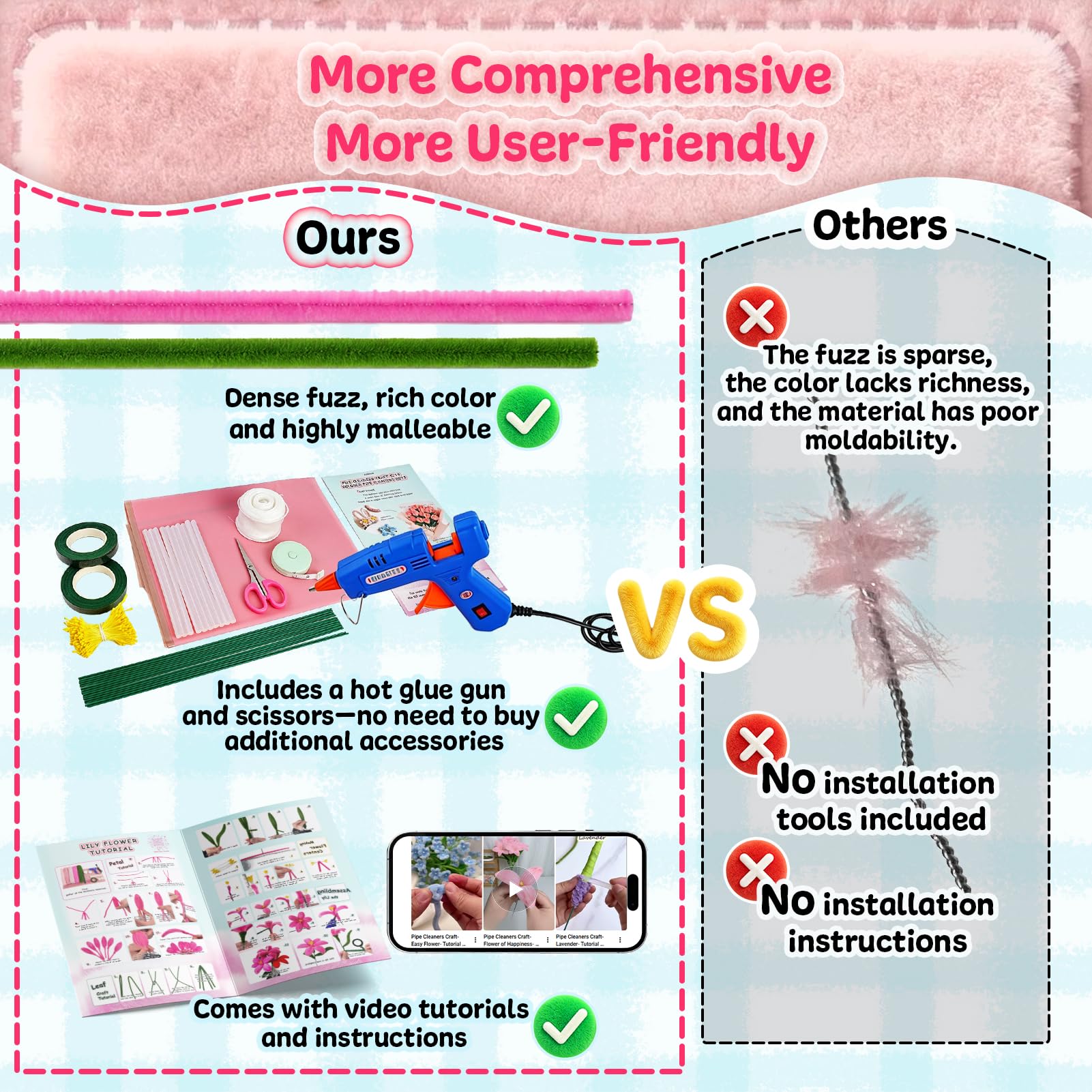 apinud Pipe Cleaners Flowers with Glue Gun, 500PCS Pipe Cleaners Craft Kits, Chenille Stems Bulk for Flower Making, DIY Gifts Arts Supplies