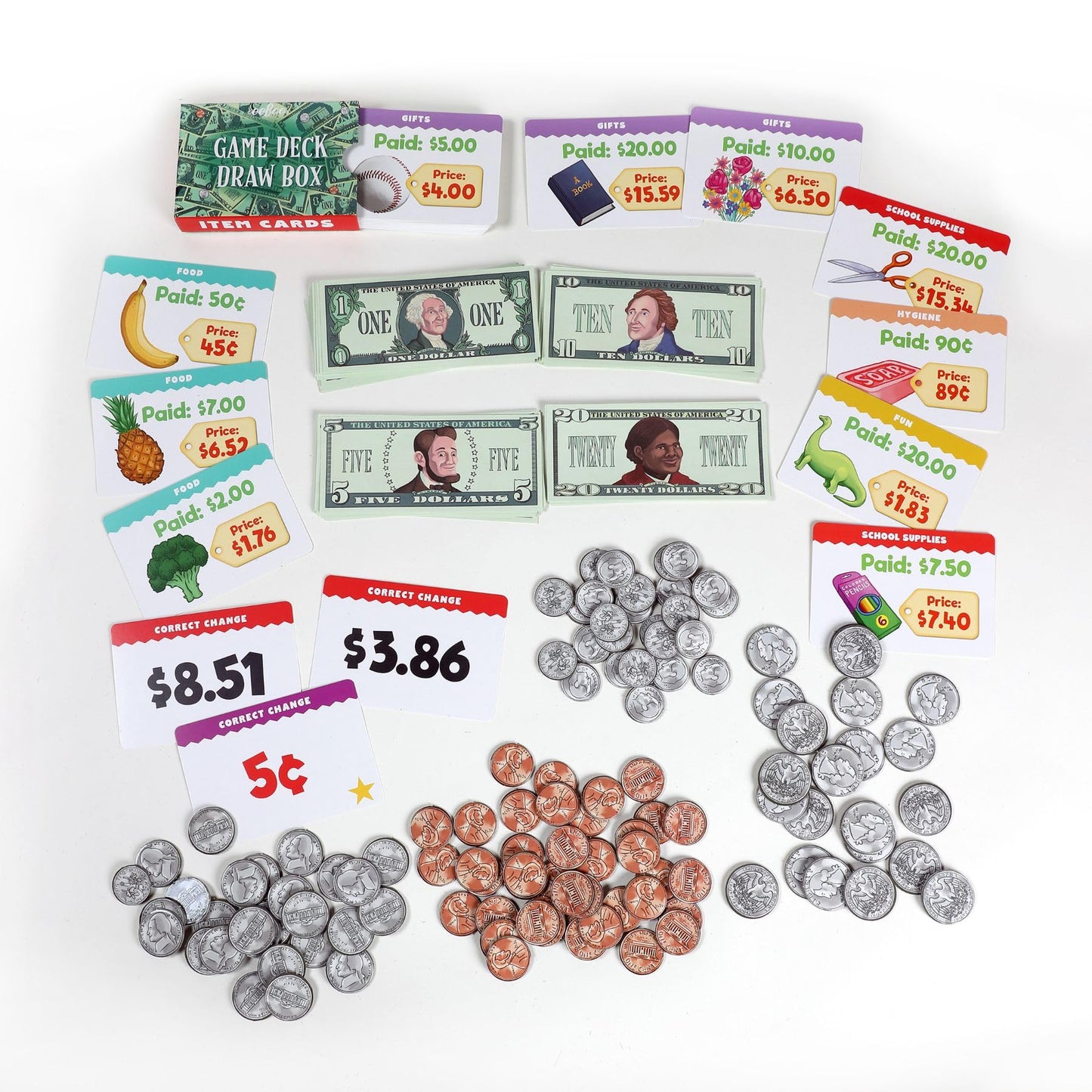 eeBoo: Making Change Game, 50 Item Cards with Play Money, Develop Math and Practical Money Skills, Perfect for Ages 5 and up