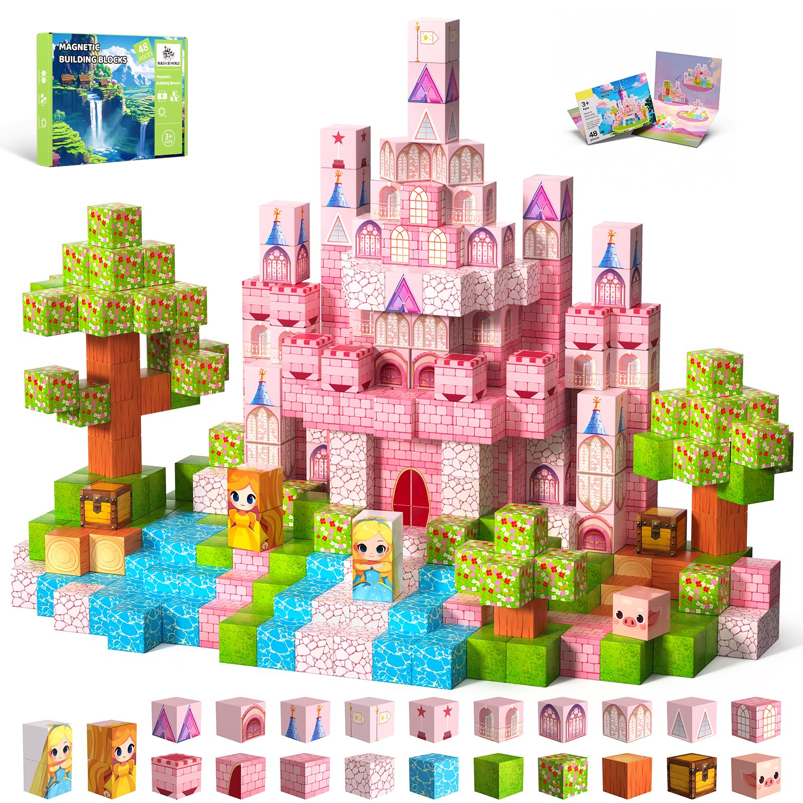Magnetic Blocks, 48PCS Magnetic Building Cube Set for Kids Ages 3+, Constructions STEM Stacking Tiles Toy Building Birthday Gifts for Girls