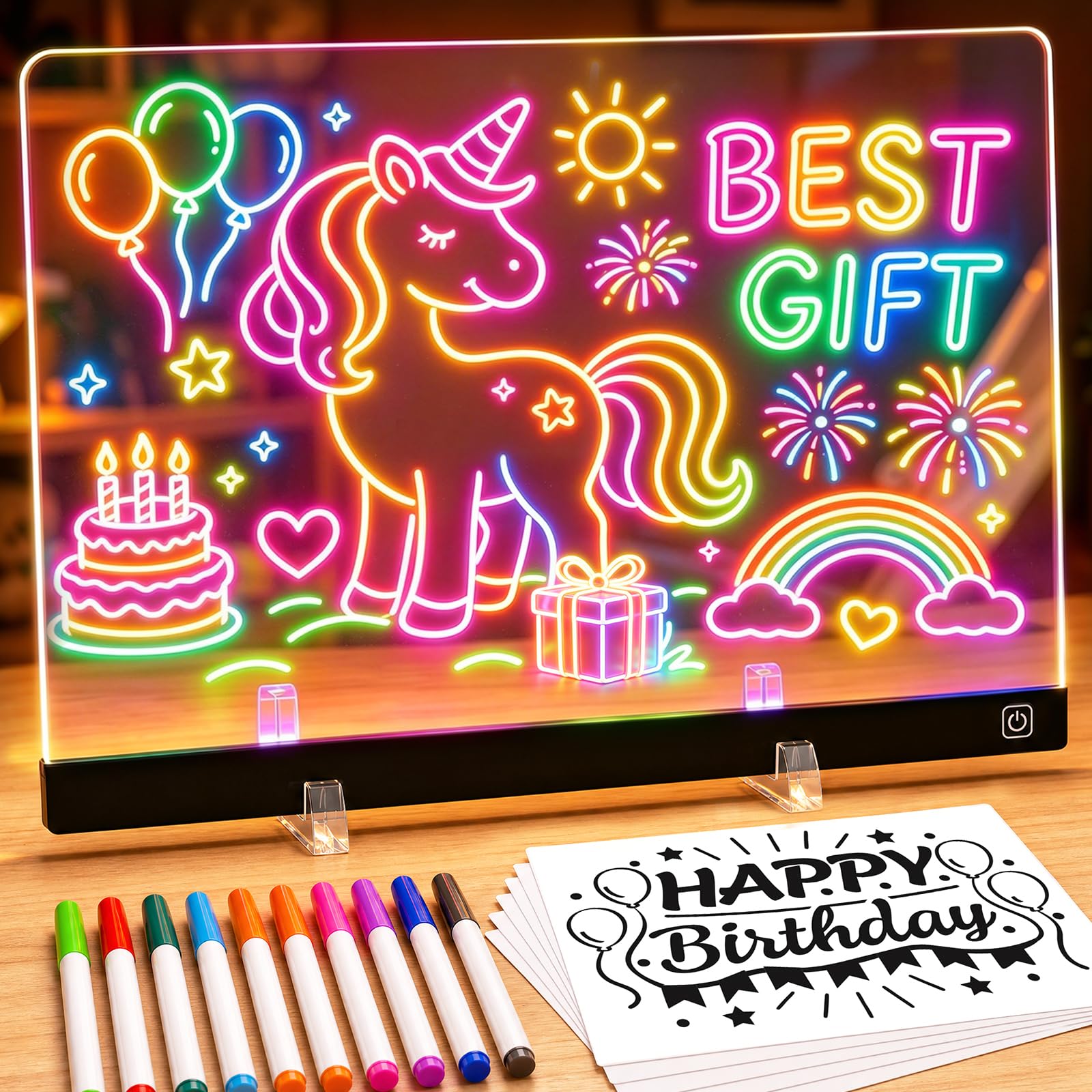 16" LED Light Up Drawing Board for Kids - Thickened Anti-Scratch Acrylic Glow Art Pad with 12 Markers - Neon Message Board & Night Light - Creative
