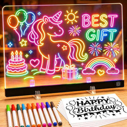 16" LED Light Up Drawing Board for Kids - Thickened Anti-Scratch Acrylic Glow Art Pad with 12 Markers - Neon Message Board & Night Light - Creative