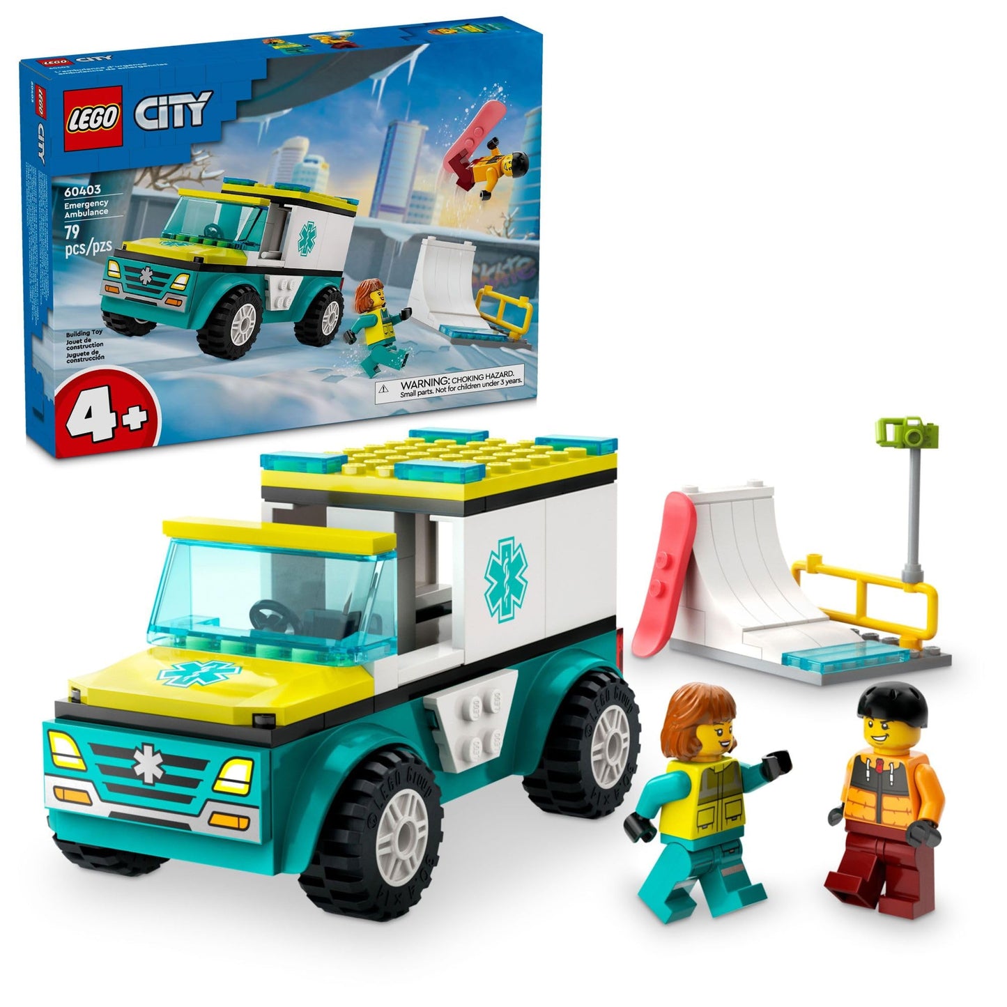 LEGO City Emergency Ambulance and Snowboarder Toy Vehicle Playset for Kids, Boarder and Paramedic Minifigures, Imaginative Pretend Play Winter Toy