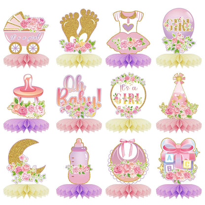 12Pcs Baby Shower Honeycomb Centerpieces Party Decor for Girls,Pink Rose Gold Floral It's a Girl Gender Reveal 3D Table Centerpieces Decoration