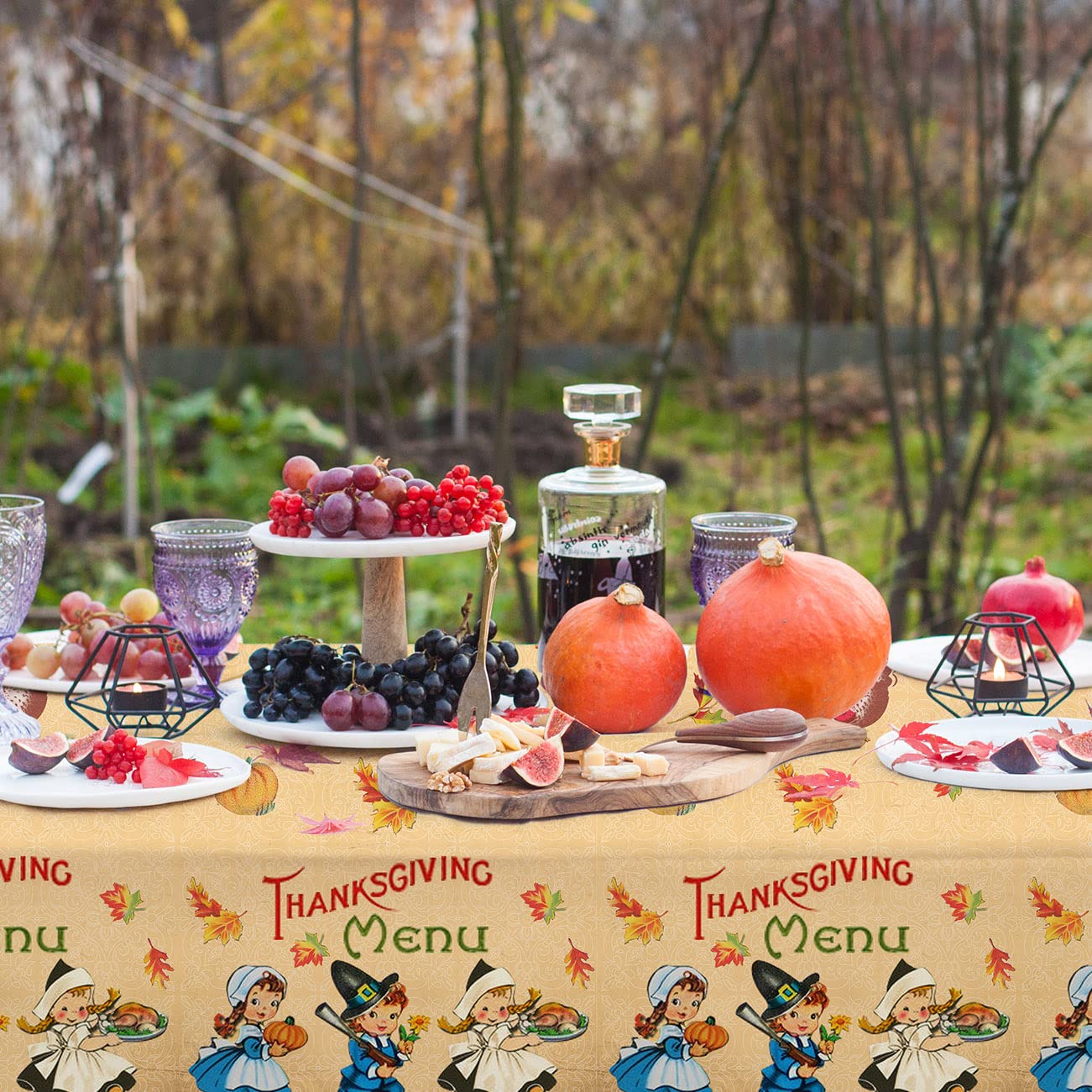 3 PCS Thanksgiving Fall Tablecloth Vintage Autumn Pumpkin Maple Leaves Disposable Plastic Thanksgiving Table Cover for Fall Harvest Party Supplies