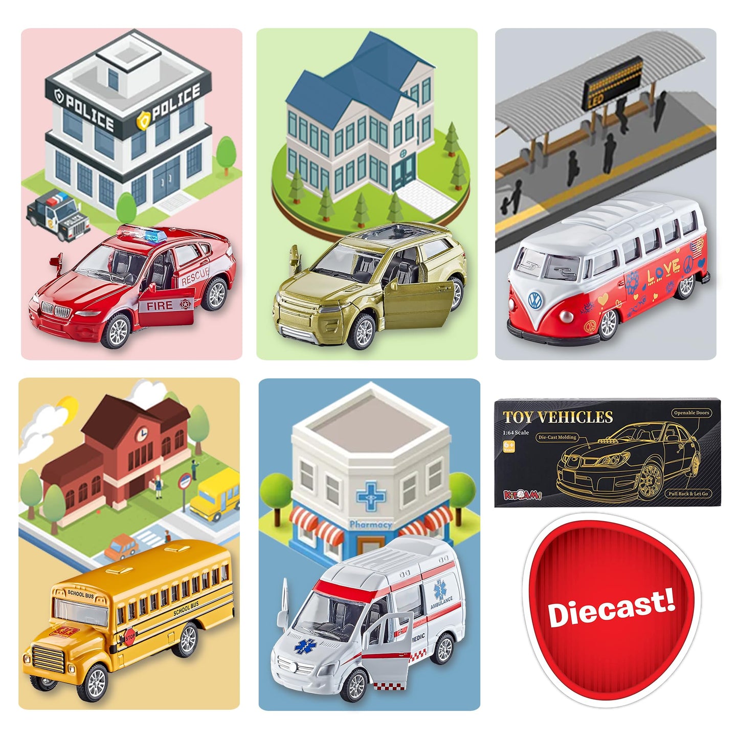 KIDAMI Die-cast Metal Toy Cars Set of 5, Openable Doors, Pull Back Cars Ambulance, Gift Pack for Kids (Official Car ?)