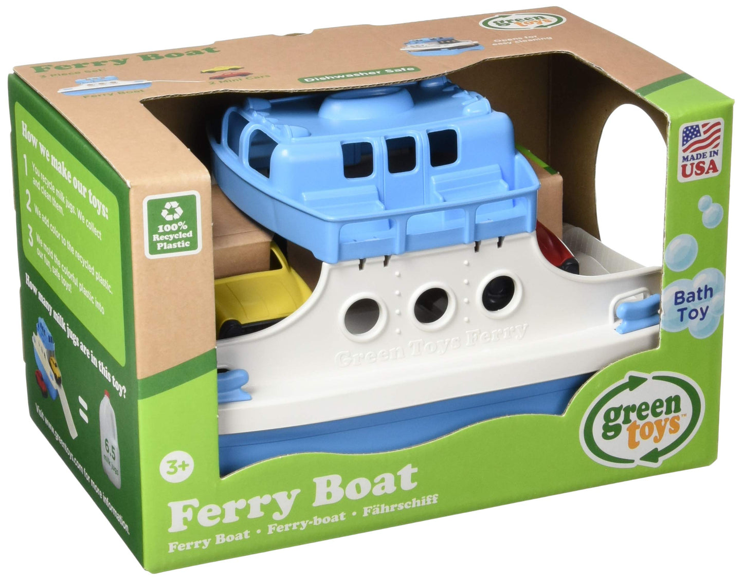 Green Toys Ferry Boat, Blue/White 4C - Pretend Play, Motor Skills, Kids Bath Toy Floating Vehicle. No BPA, phthalates, PVC. Dishwasher Safe, Recycled