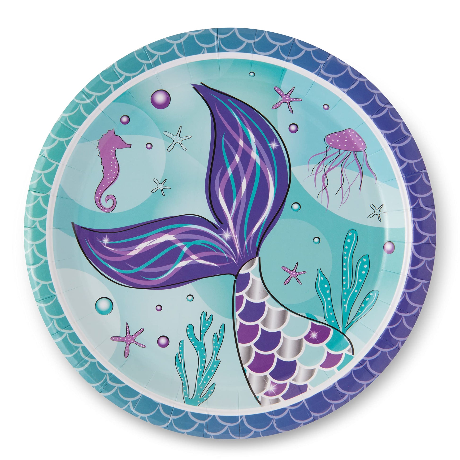 Royal Bluebonnet Mermaid Party Plates - 24 Sets of Purple Mermaid Paper Plates and Napkins Supplies, Sturdy 400 GSM Paper Products for Under the Sea