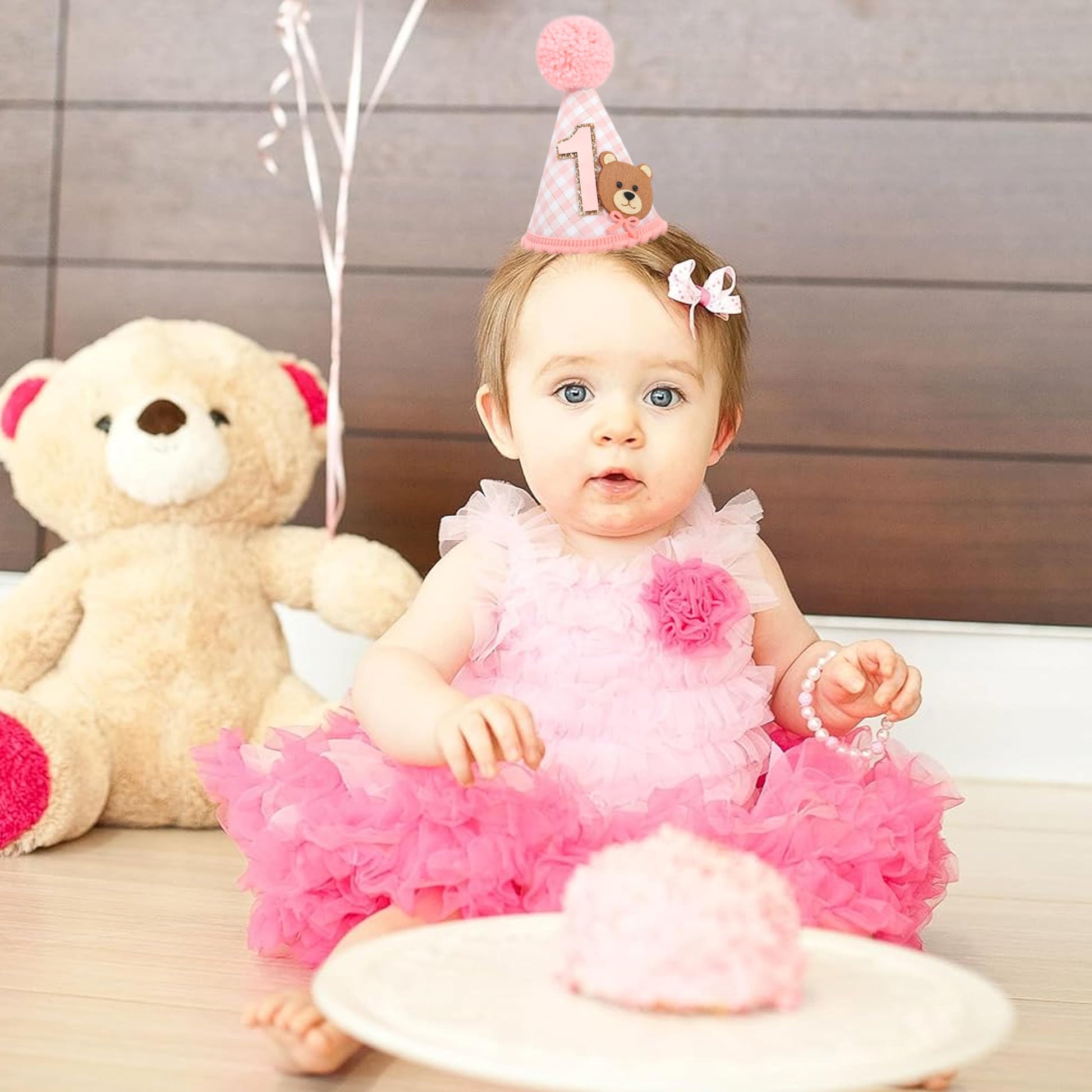 Agvgaza Bear 1st Birthday Hat for Boys & Girls - First Party Hat, Cute Twin Bear Theme for Baby Showers & Birthday Decorations (Pink)