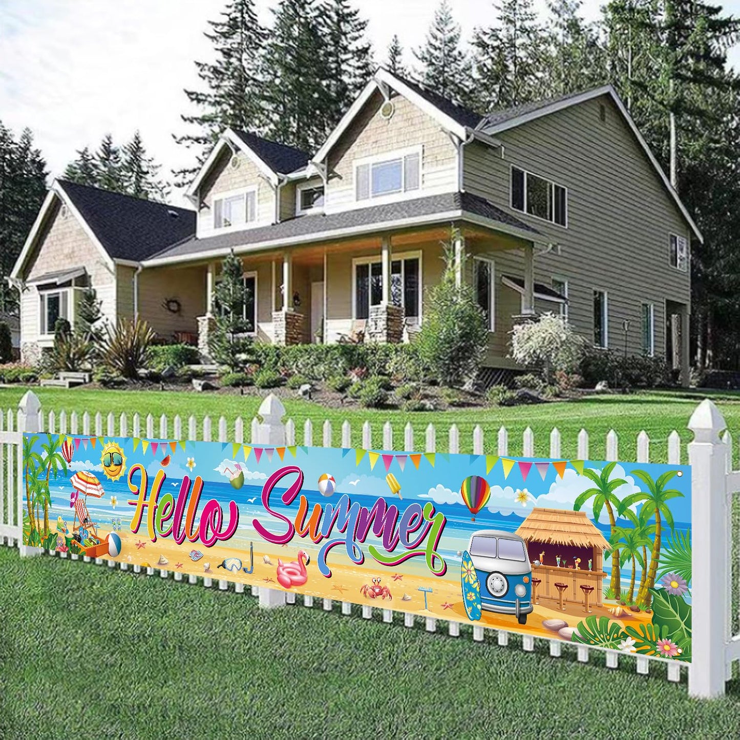 Hello Summer Banner, 118 x 20 Inch Beach Pool Hawaiian Luau Party Decorations for Outdoor Display