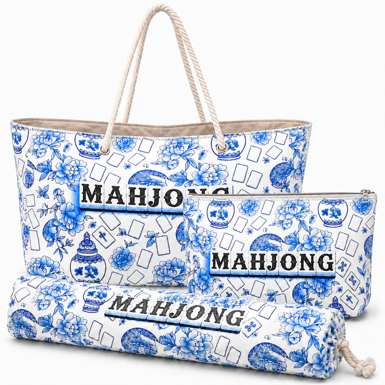 VEylixion 3 Pcs Empty American Mahjong Bags for Tiles and Racks and Mat, Blue Floral Mahjong Carrying Tote with Zipper Tile Pouch and Rack Sleeve