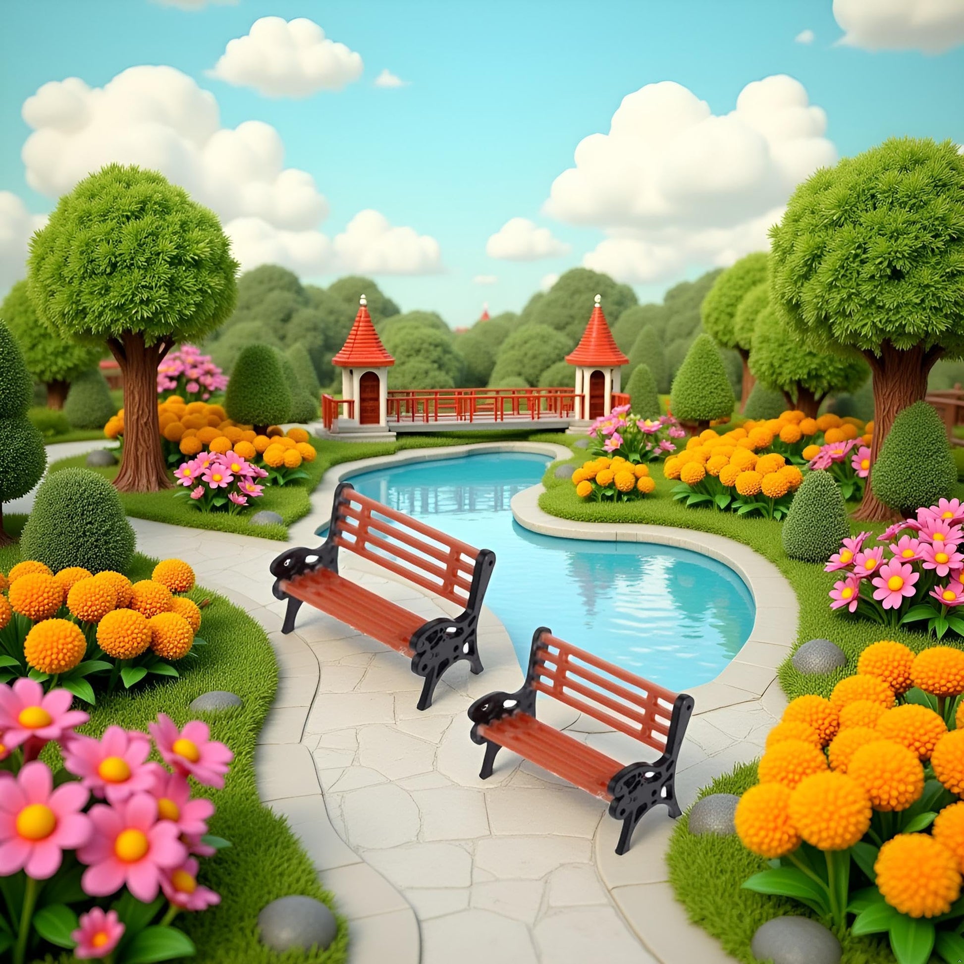 2Pcs Brown Miniature Park Bench Set, Street Seats and Garden Ornaments for Dollhouse and Fairy Garden Decor, Mini Bench Chairs for Train Platform
