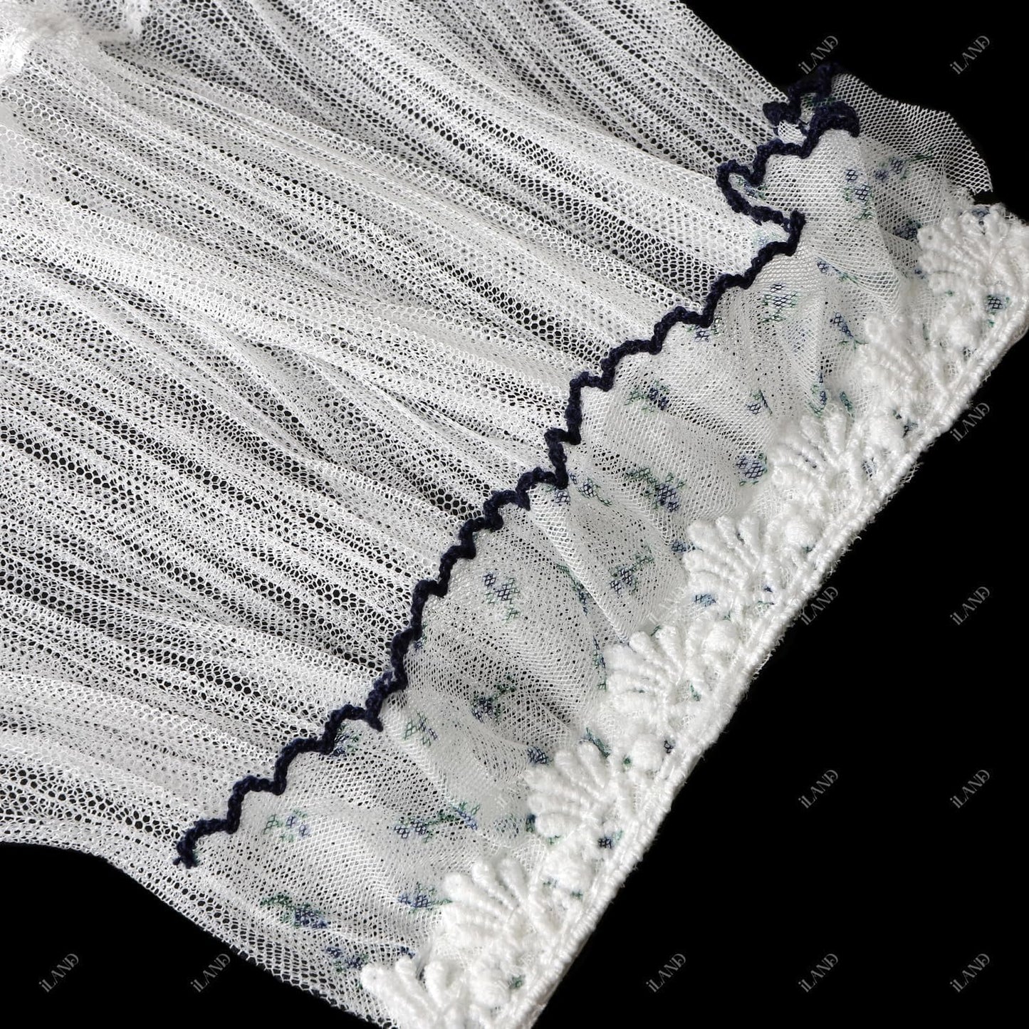 iLAND 1/12 Scale Accessories Miniature Dollhouse Curtains Delicate White Sheer Lace Curtains with Blue Trim 2PCS for Dollhouse Windows Furniture Cute