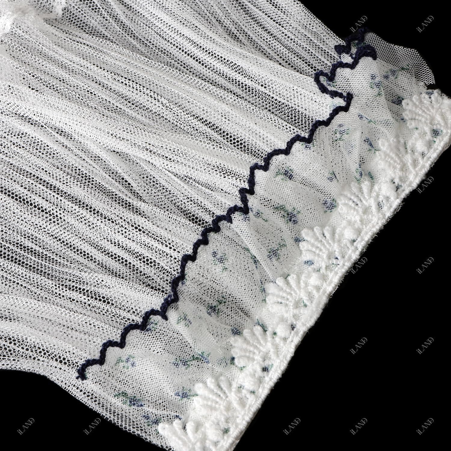 iLAND 1/12 Scale Accessories Miniature Dollhouse Curtains Delicate White Sheer Lace Curtains with Blue Trim 2PCS for Dollhouse Windows Furniture Cute