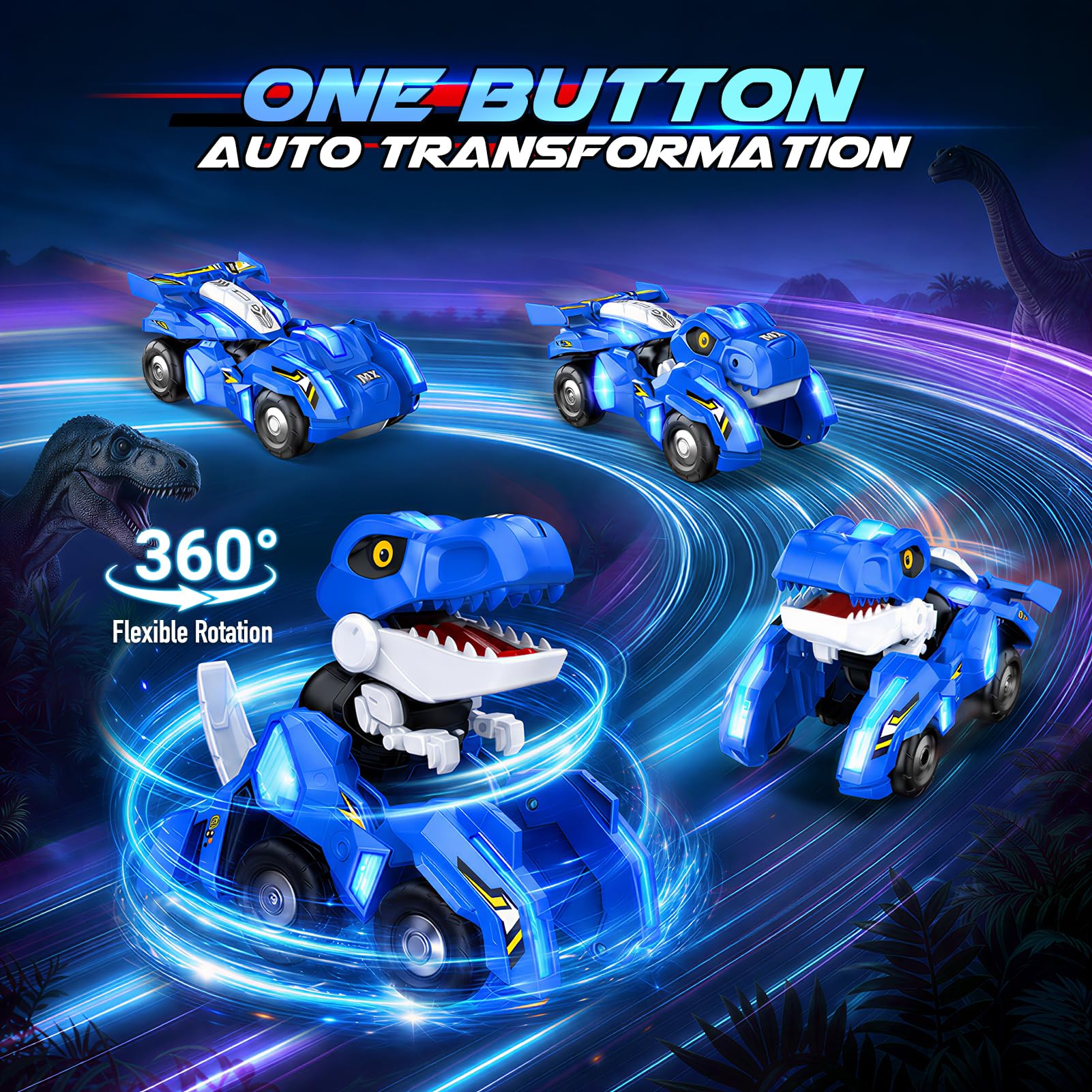 Dinosaur Transforming RC Car with LED Lights, One-Key Robot Conversion