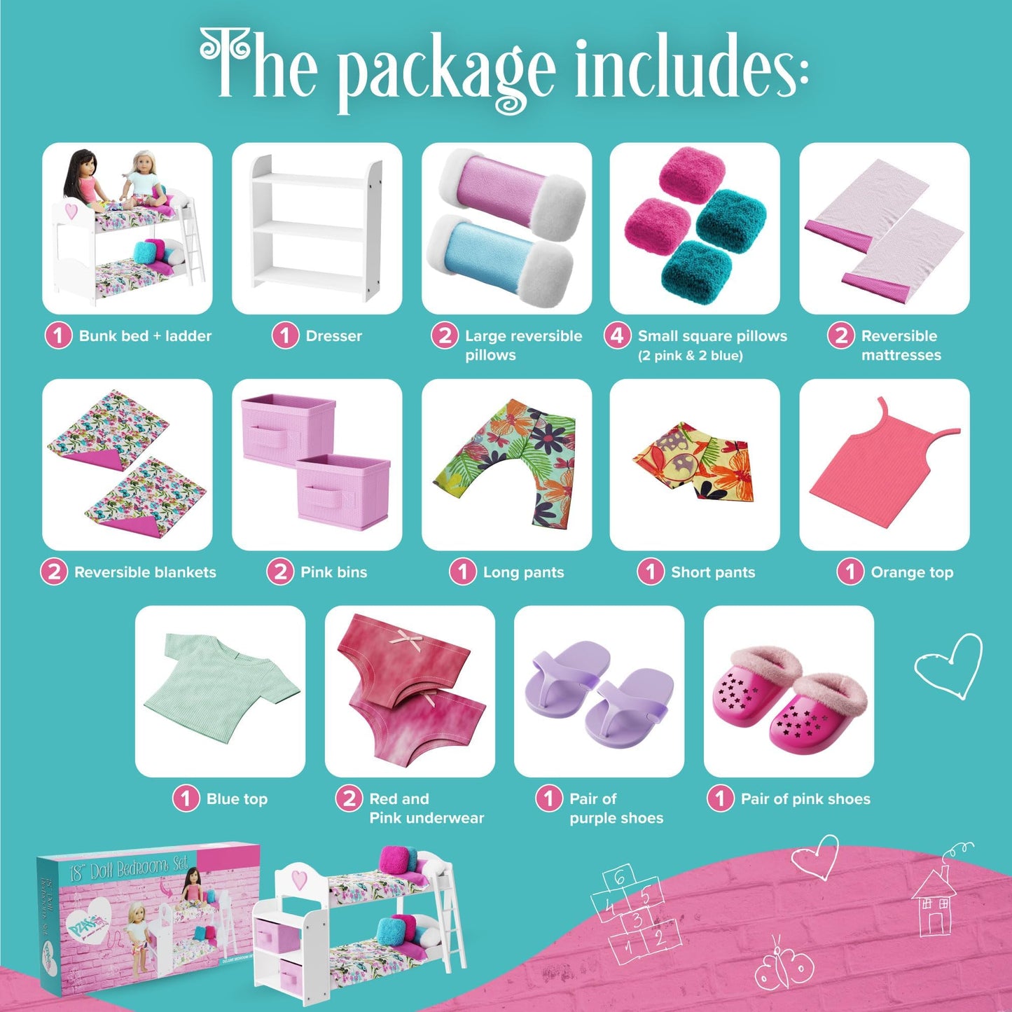 PZAS Toys Doll Bunk Bed - Bunk Bed for 18 Inch Dolls 23 Piece Set Complete with Linens, Pajamas, and Shelves, Fits American Girl Doll