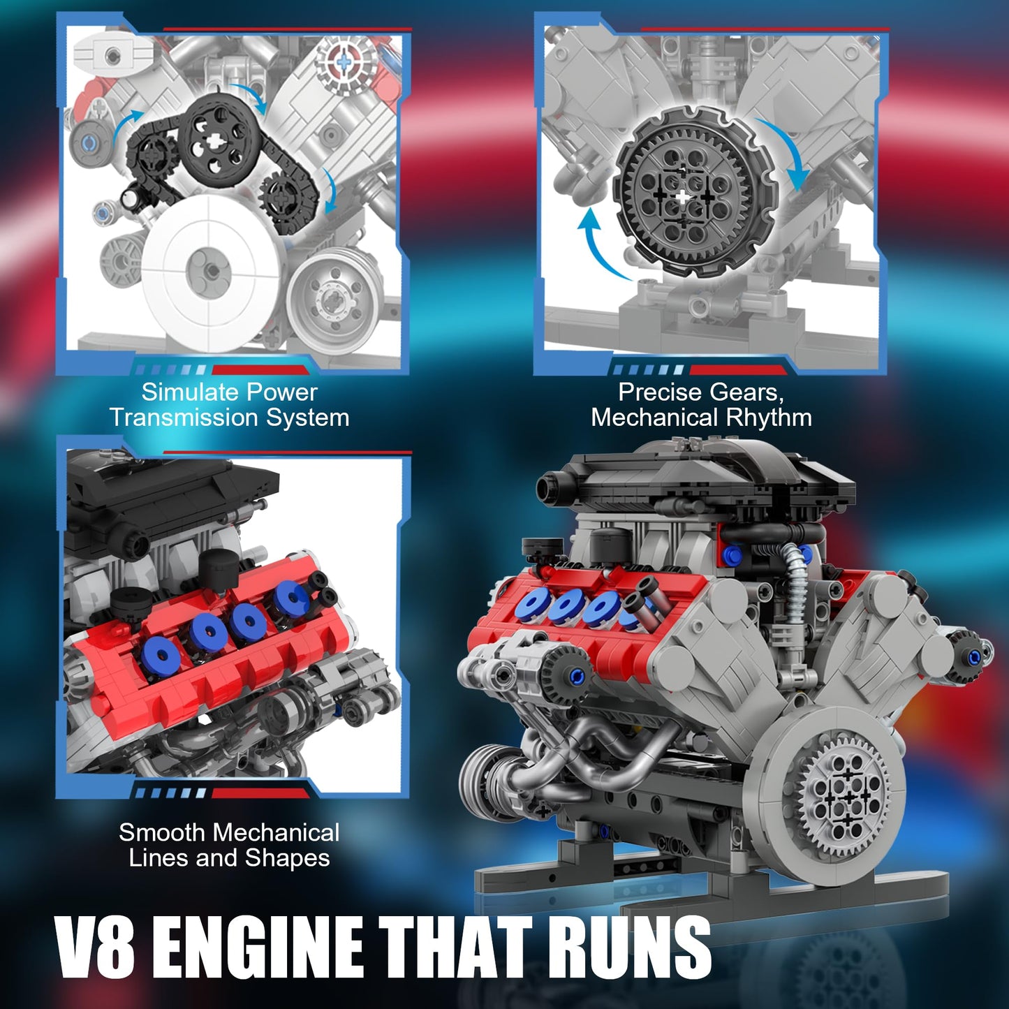 HUNKING V8 Engine Building Set for Adults, Build Your Own MOC Mini V8 Engine STEM Model Toy with Motor, Model kit that Run, Car Engine Building Blocks