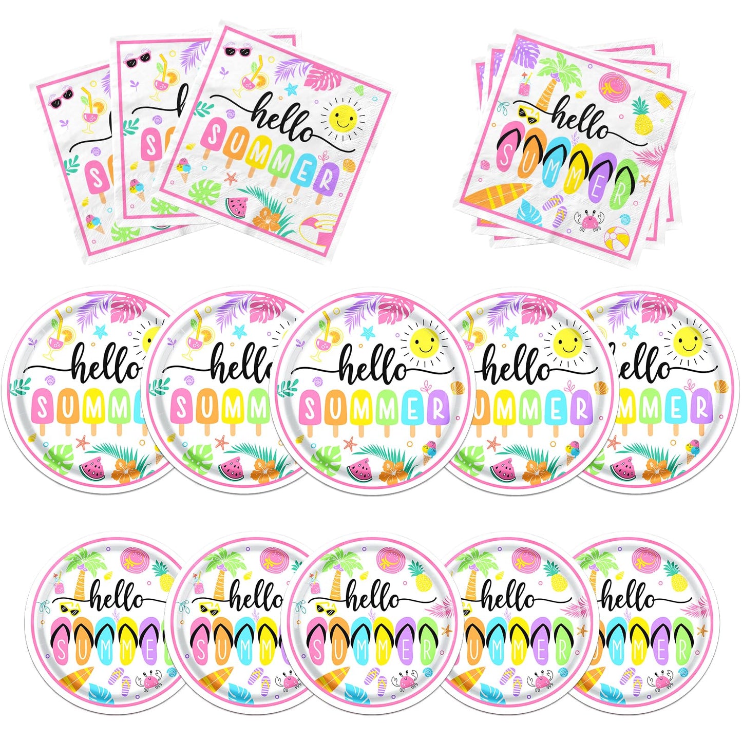 Hello Summer Party Decorations, Beach Party Supplies include Hello Summer Plates and Napkins, Disposable Dinnerware set for Hawaiian, Pool Party