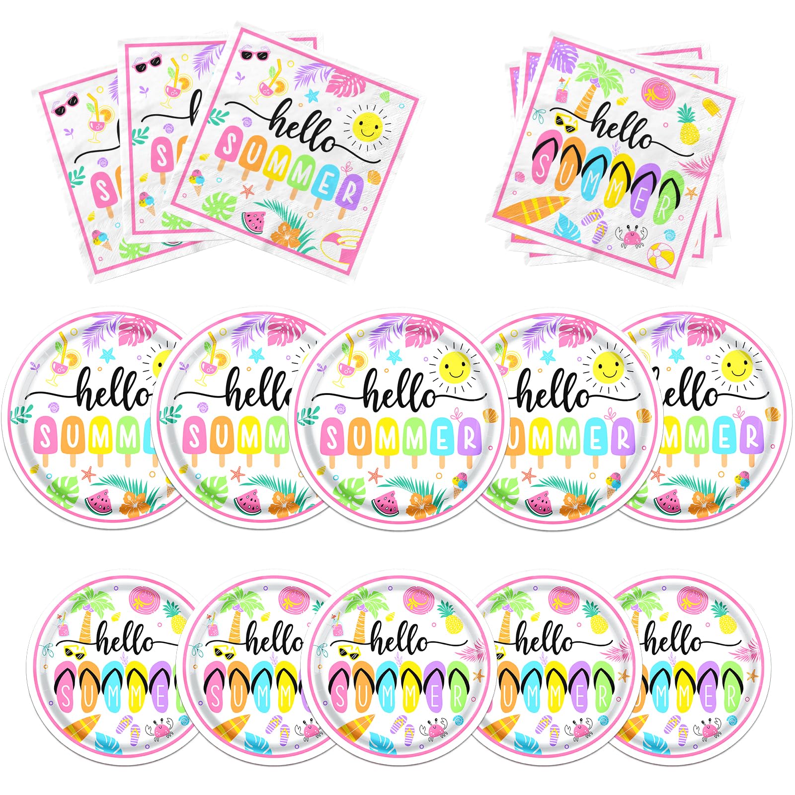 Hello Summer Party Decorations, Beach Party Supplies include Hello Summer Plates and Napkins, Disposable Dinnerware set for Hawaiian, Pool Party