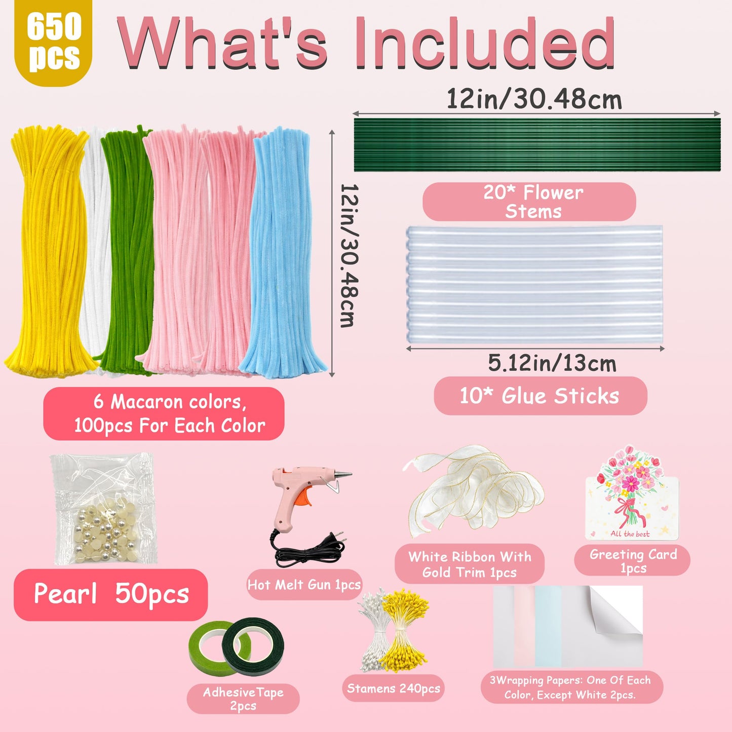 Party Rose 650PCS Pipe Cleaners Craft, Pipe Cleaner Bulk Flower Kit, 6 Colors Chenille Stems Flower Making Kit with Floral Wires, Gardening Tape