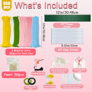 Party Rose 650PCS Pipe Cleaners Craft, Pipe Cleaner Bulk Flower Kit, 6 Colors Chenille Stems Flower Making Kit with Floral Wires, Gardening Tape
