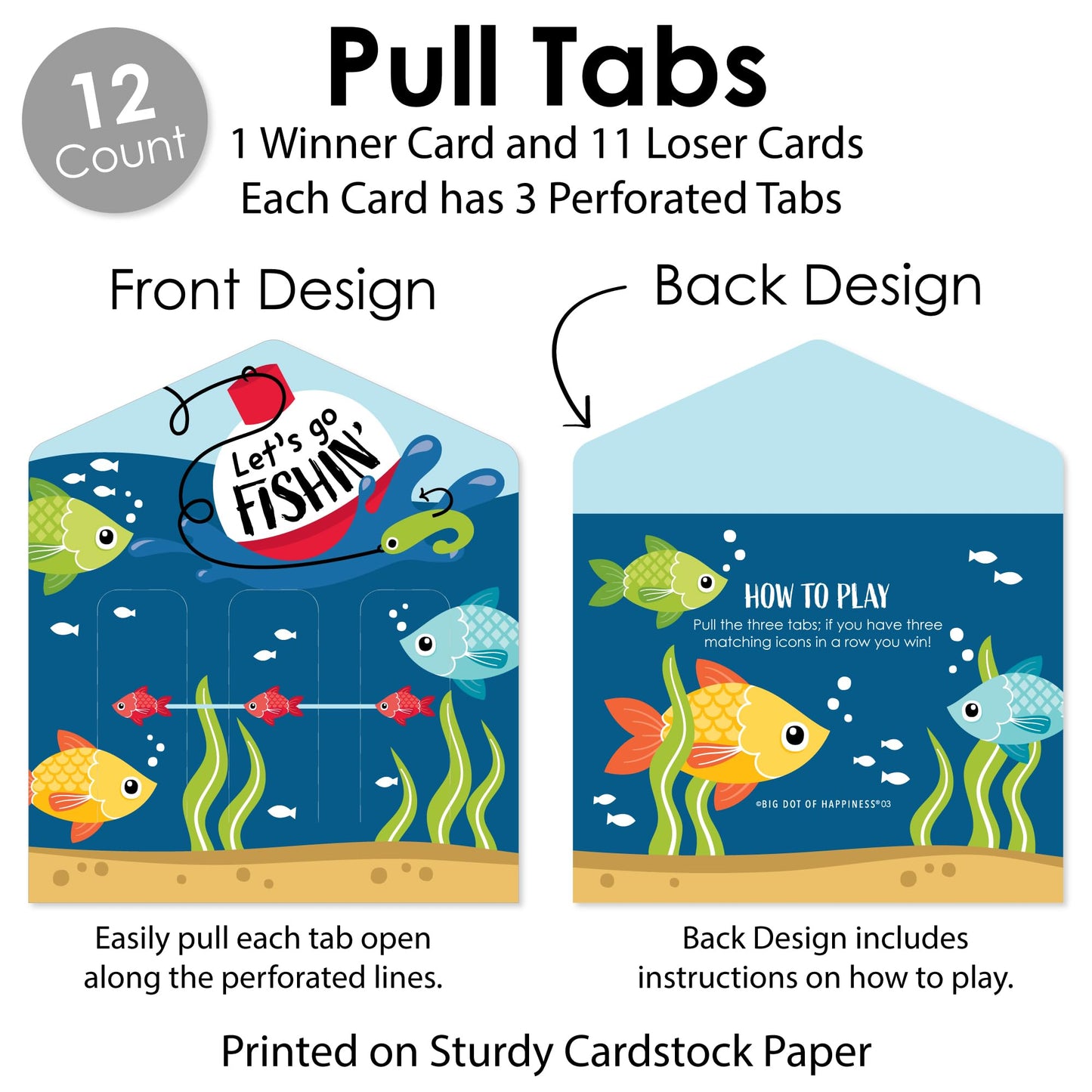 Big Dot of Happiness Let's Go Fishing - Fish Themed Birthday Party or Baby Shower Game Pickle Cards - Pull Tabs 3-in-a-Row - Set of 12