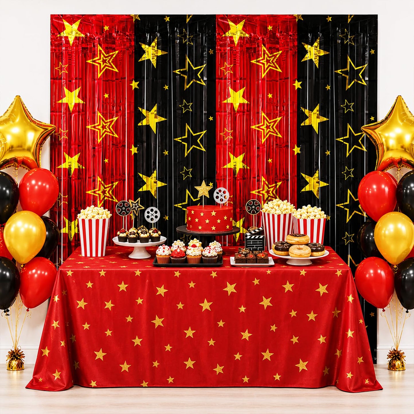 2 Pack Movie Night Foil Fringe Curtains Backdrop Decorations, 3.3 x 6.6 Ft Star Red and Black Movie Night Tinsel Streamers Backdrop for Movie Theater