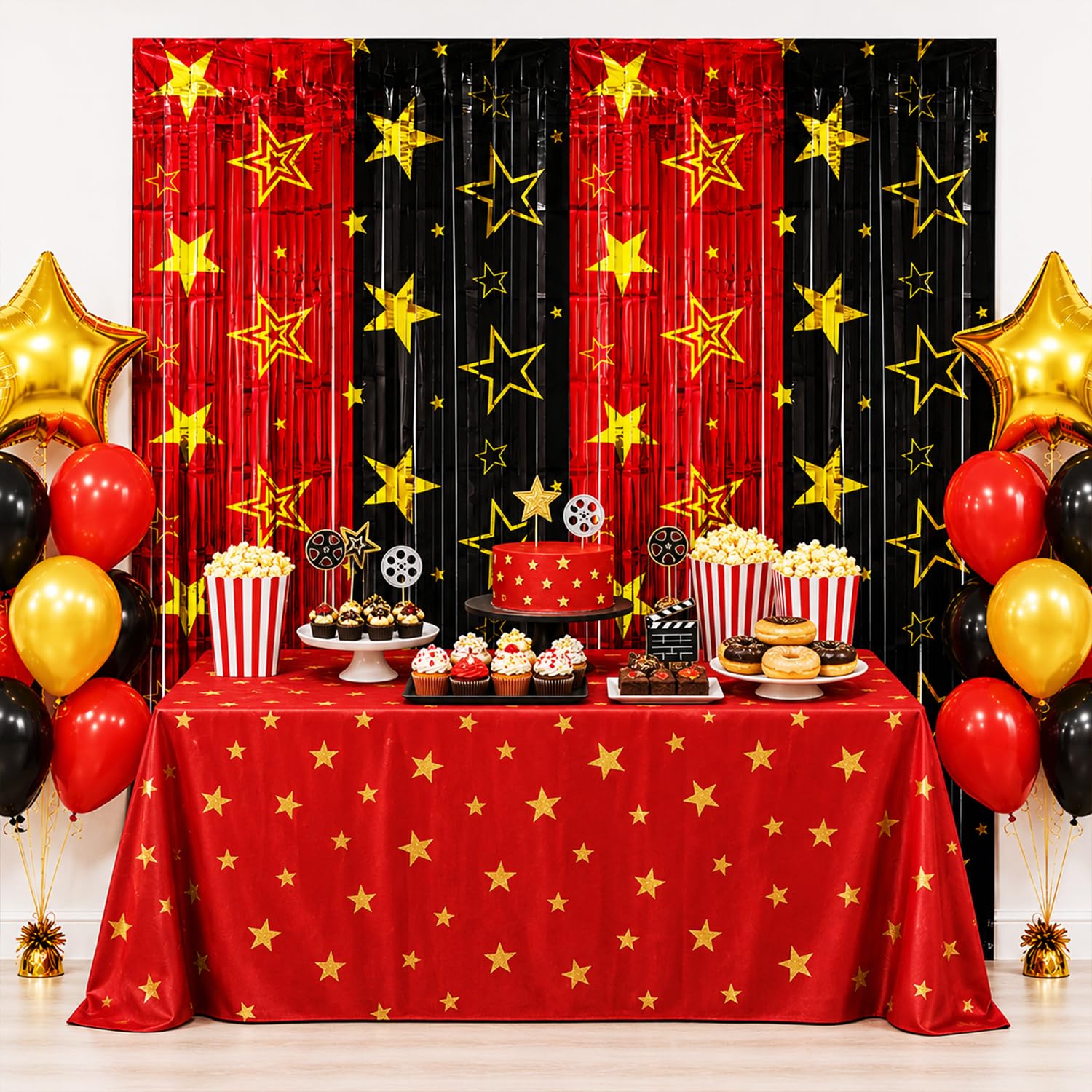 2 Pack Movie Night Foil Fringe Curtains Backdrop Decorations, 3.3 x 6.6 Ft Star Red and Black Movie Night Tinsel Streamers Backdrop for Movie Theater