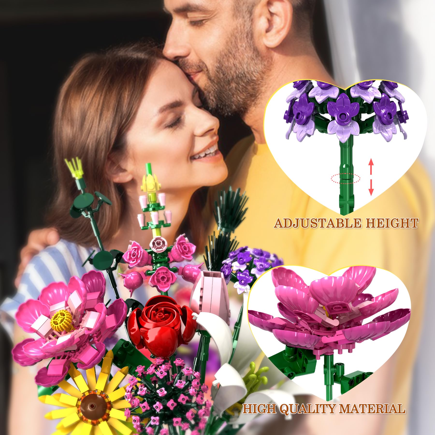 Flower Building Blocks Set, Multiple Flowers Bouquet Building Set, Artificial Flowers Arrangement Building Toys, Office Home Decoration, Valentine