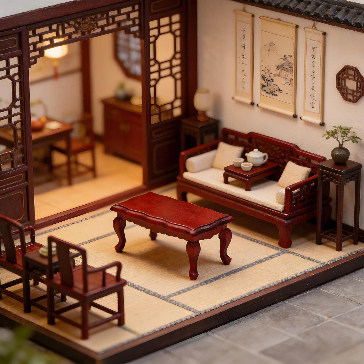Miniature Red Wooden Coffee Table, 1:12 Scale Dollhouse Furniture, 9.1 x 4.4 x 14.2 cm, Suitable for Room and Queue Decoration Furniture Model