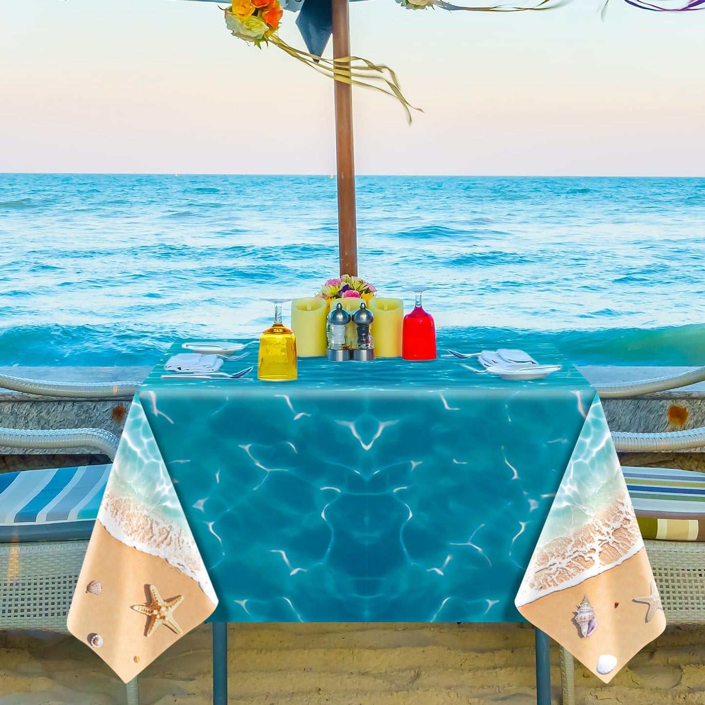Temicle 3-Piece 54 x 108 Inch Beach Theme Plastic Tablecloth - Summer Ocean Wave and Seashell Design Disposable Rectangle Table Cover for Pool