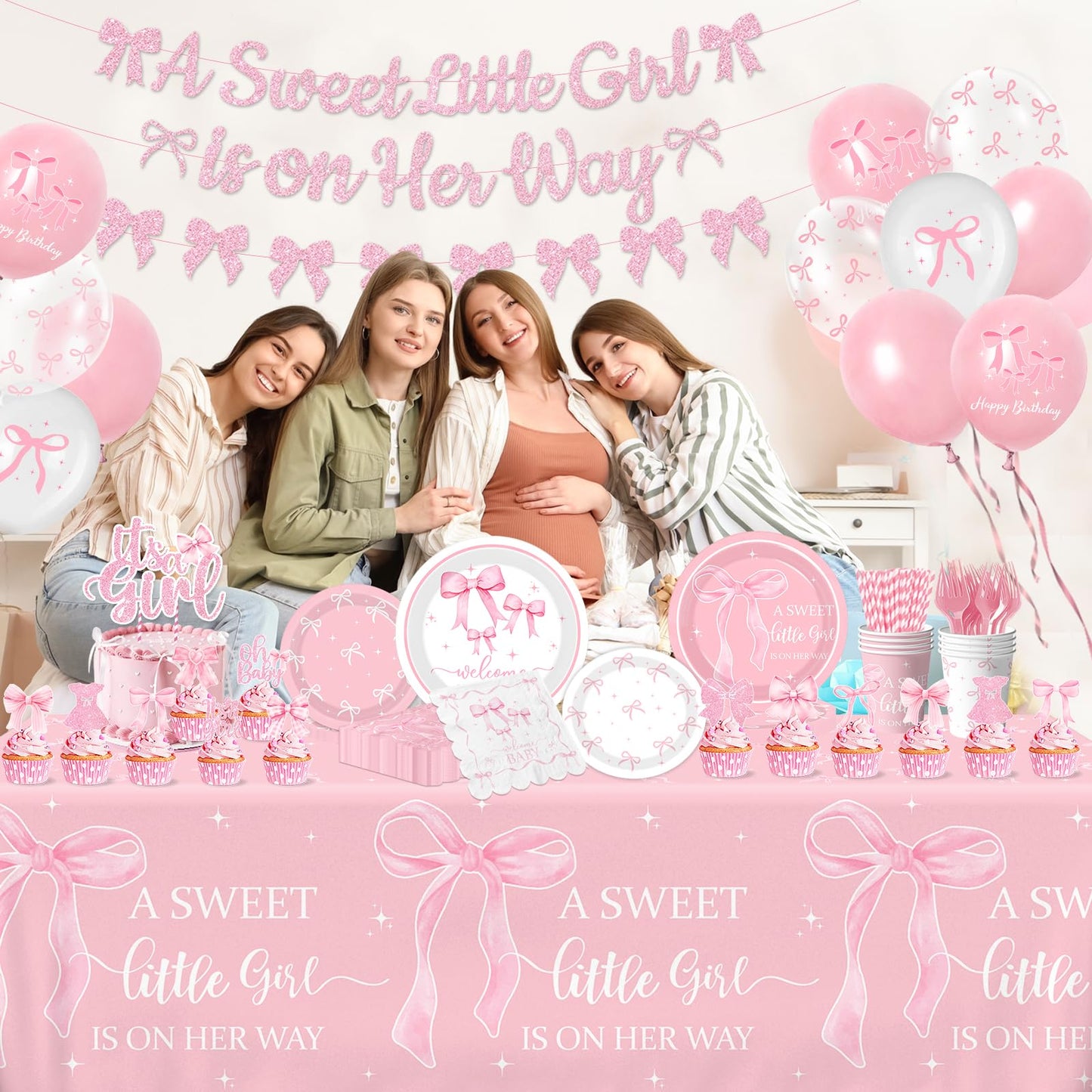 Pink Bow Baby Shower Decorations for Girl,Pink Bow Birthday Party Supplies Include Bow Plate,Napkin,Banner,Cake Topper,Balloons Welcome Baby Girl