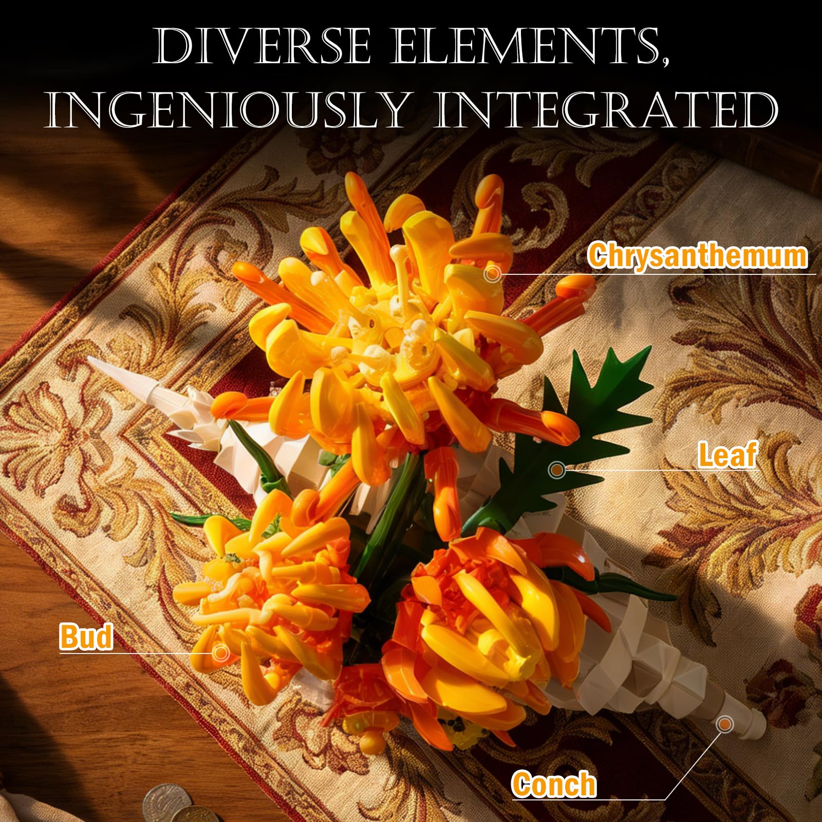 Vziimo Chrysanthemum Building Set, MOC Chrysanthemum Botanicals & Conch Model Kit for Home Office Decor, Artificial Flower Gift Toy for Adults Woman