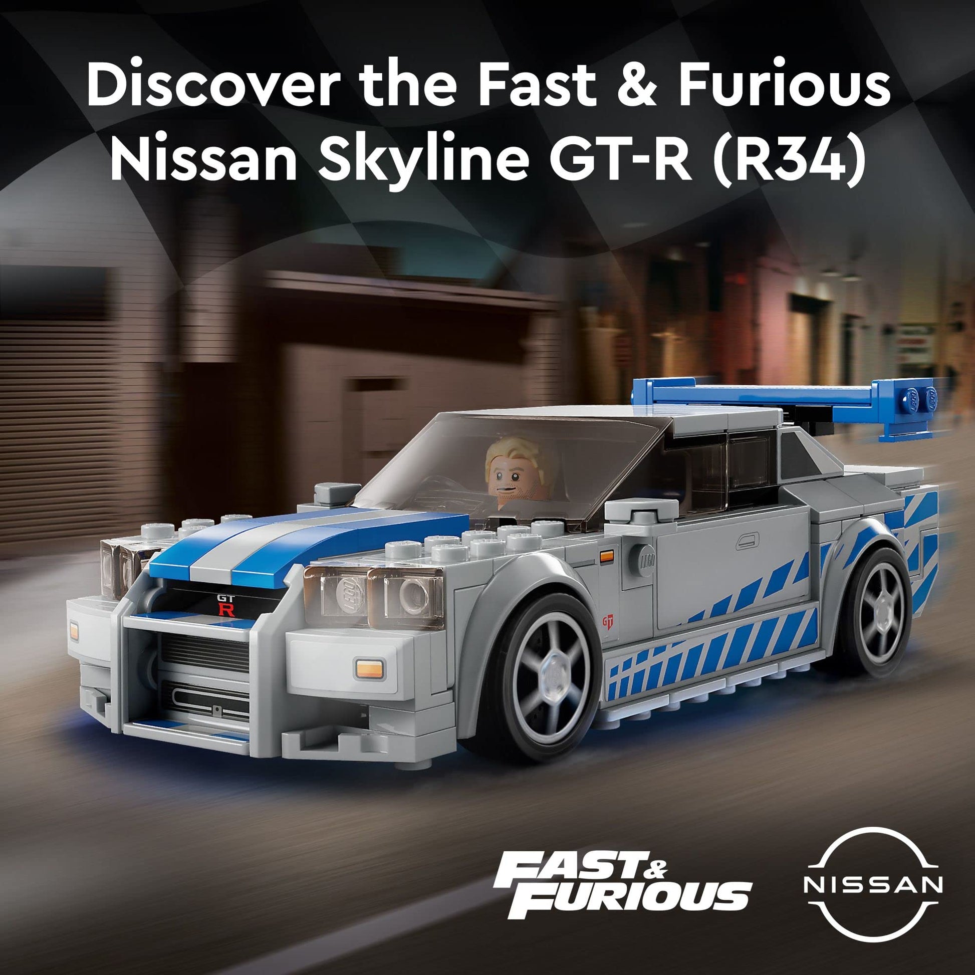 LEGO Speed Champions 2 Fast 2 Furious Nissan Skyline GT-R (R34), Race Car Toy Model Building Kit, Collectible with Racer Minifigure, 2023 Set