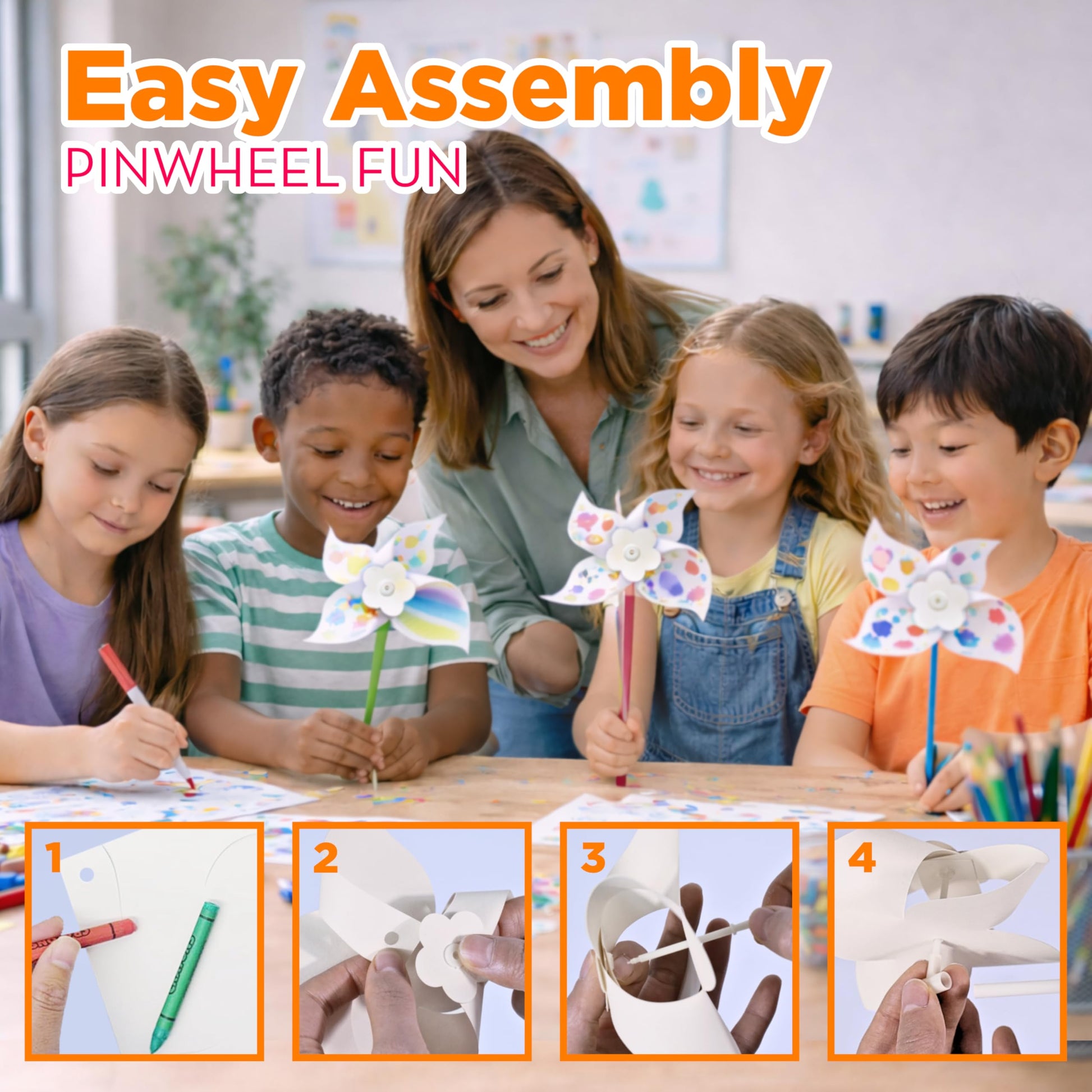 4E's Novelty 24 Pack DIY Pinwheels Craft for Kids, Bulk Summer Pinwheel Craft Kit, Color Your Own Paper Windmill Patriotic Pinwheels for Kids Bulk 4th