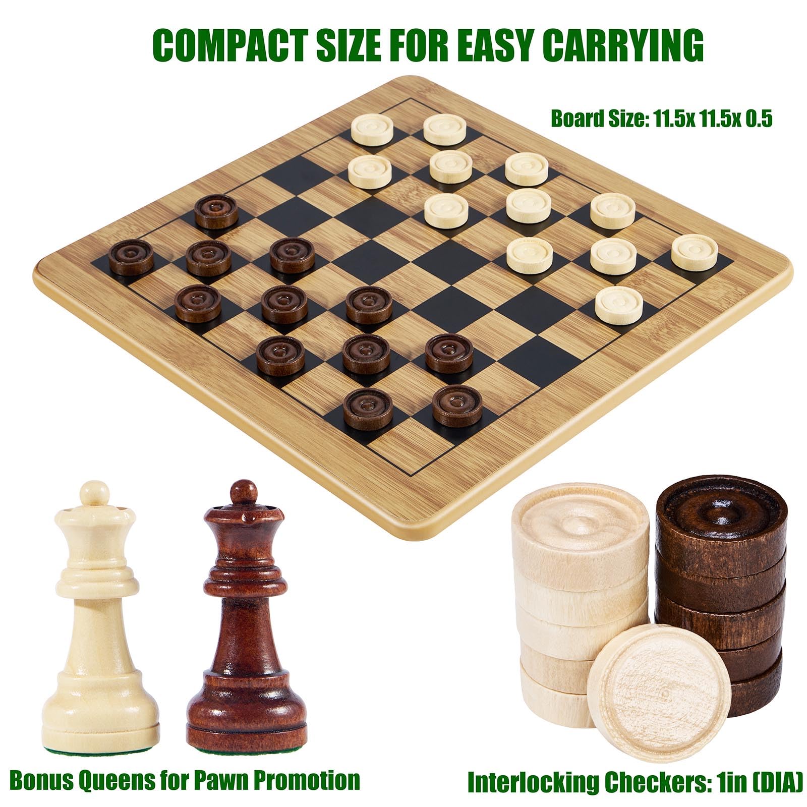 VAMSLOVE Wooden Chess Checkers Tic-Tac-Toe Game Set 11.5" x 11.5" Double-Sided 3 in 1 Board with 34 Chess Pieces - 2 Extra Queens - 24 Interlocking