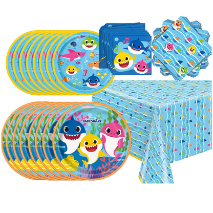 Unique Baby Shark - Party Supplies and Decorations Bundle | Serves 16 Guests | Includes Plates, Napkins, Table Cover & Stickers | Playful Baby Shark