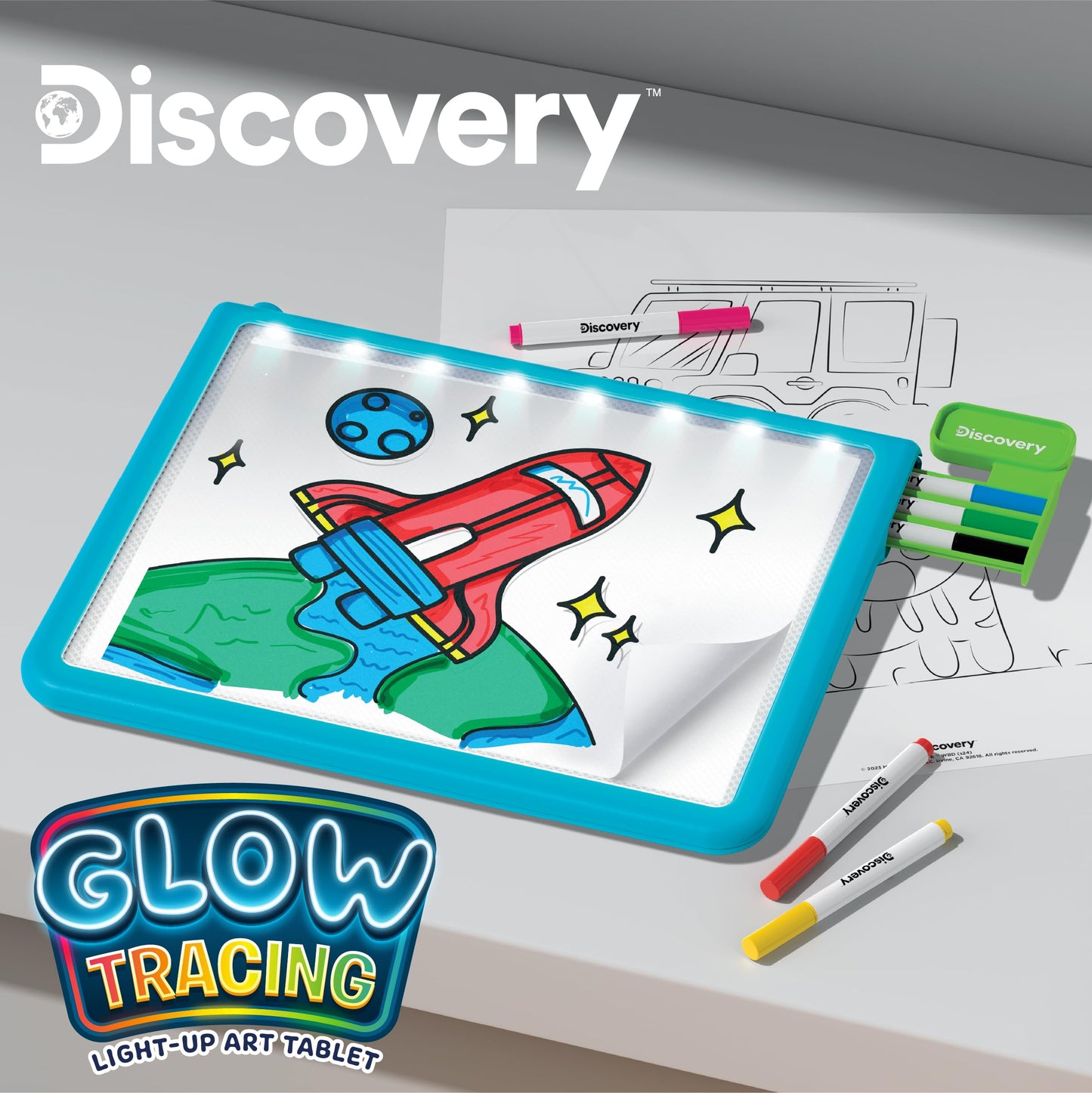 Discovery™ Glow Tracing Light-Up Art Tablet - Includes 10 Templates, 10 Blank Sheets, 6 Washable Markers| Writing Drawing Tablet for Kids| Craft Kit