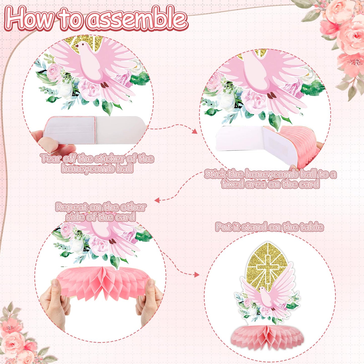 12Pcs Baptism Honeycomb Centerpieces Party Decor,Pink God Bless Cross Religious Baptism Table Centerpieces for Baby Shower First Communion Birthday