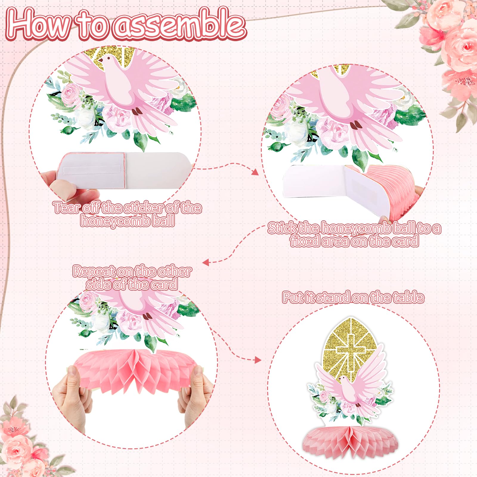 12Pcs Baptism Honeycomb Centerpieces Party Decor,Pink God Bless Cross Religious Baptism Table Centerpieces for Baby Shower First Communion Birthday