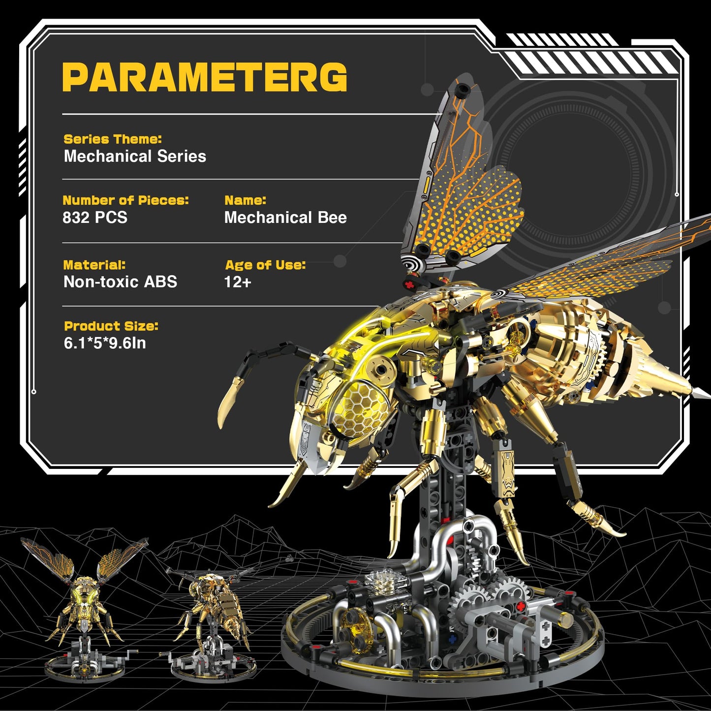 OrbBlaster Mechanical Bee Building Set for Adults, Technic Animal Building Block Insect Model with Lights & Moving Wings, Golden Robot Bee Collectible