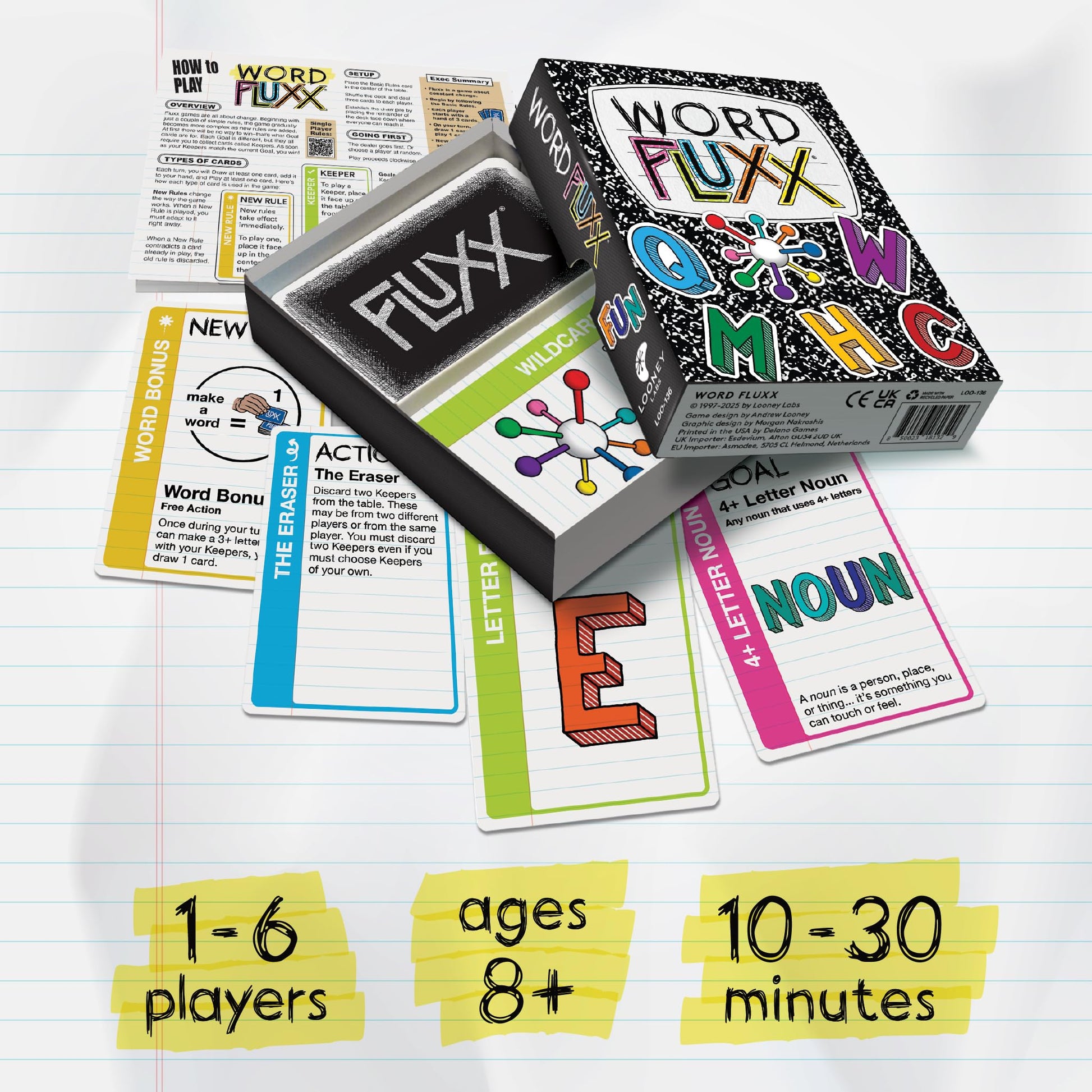 Looney Labs Word Fluxx - The Ever-Changing Alphabet Card Game for Fun Word Building and Educational Play, Ages 8 to Adult, 1-6 Players