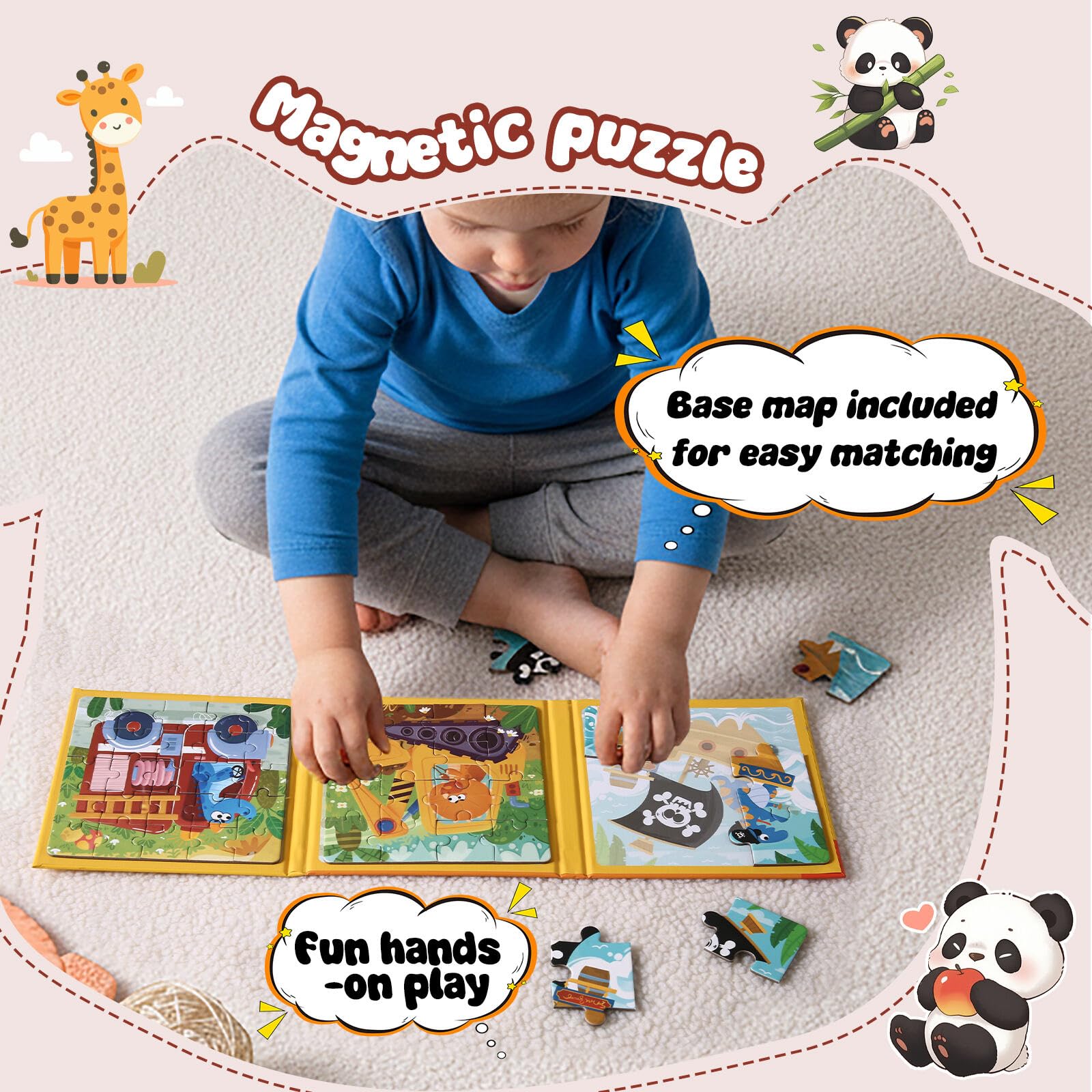 Magnetic Puzzles for Toddlers 3-5 Years, 3 in 1 Vehicle & Adventure Toys with 9/16/25 PCS, Travel Activity for Boys and Girls, Preschool Puzzle Game