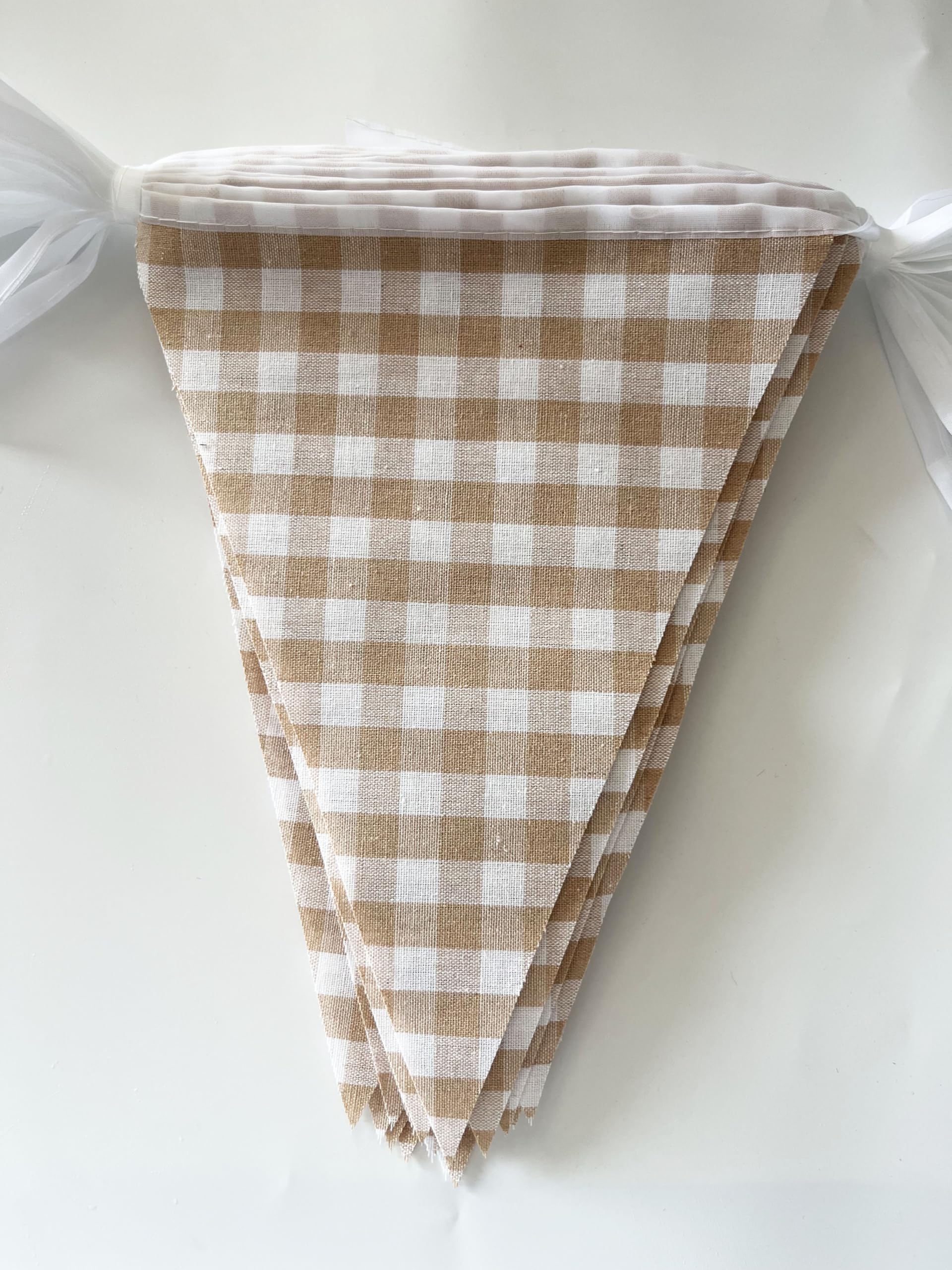 16 Meters 52ft Beige Khaki White Fabric Gingham Pennant Banner Double Sided Cotton Checkered Bunting Triangle Flags Neutral Party Decoration