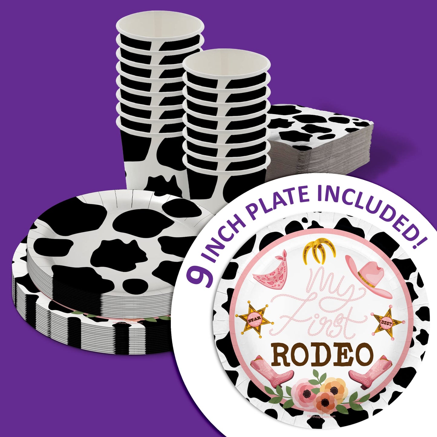 My First Rodeo Cow Girl Birthday Party Supplies - 64 Piece Girls Cow Print 1st Birthday Tableware Set Includes Large 9" Dinner Plates and 8" Dessert