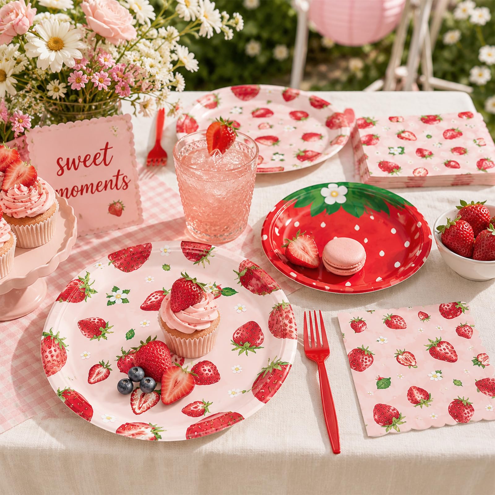 100 Pcs Strawberry Tableware Set Serves 25 - Disposable Paper Plates Napkins Plastic Forks, 9 Inch & 7 Inch Plates Berry Sweet Themed Party Supplies