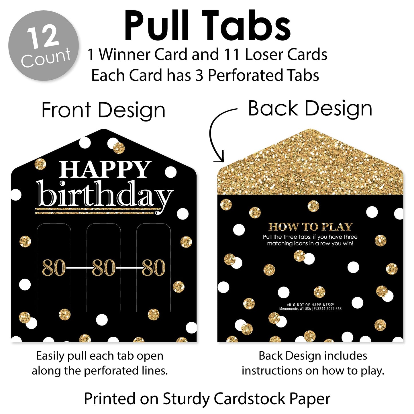 Big Dot of Happiness Adult 80th Birthday - Gold - Birthday Party Game Pickle Cards - Pull Tabs 3-in-a-Row - Set of 12
