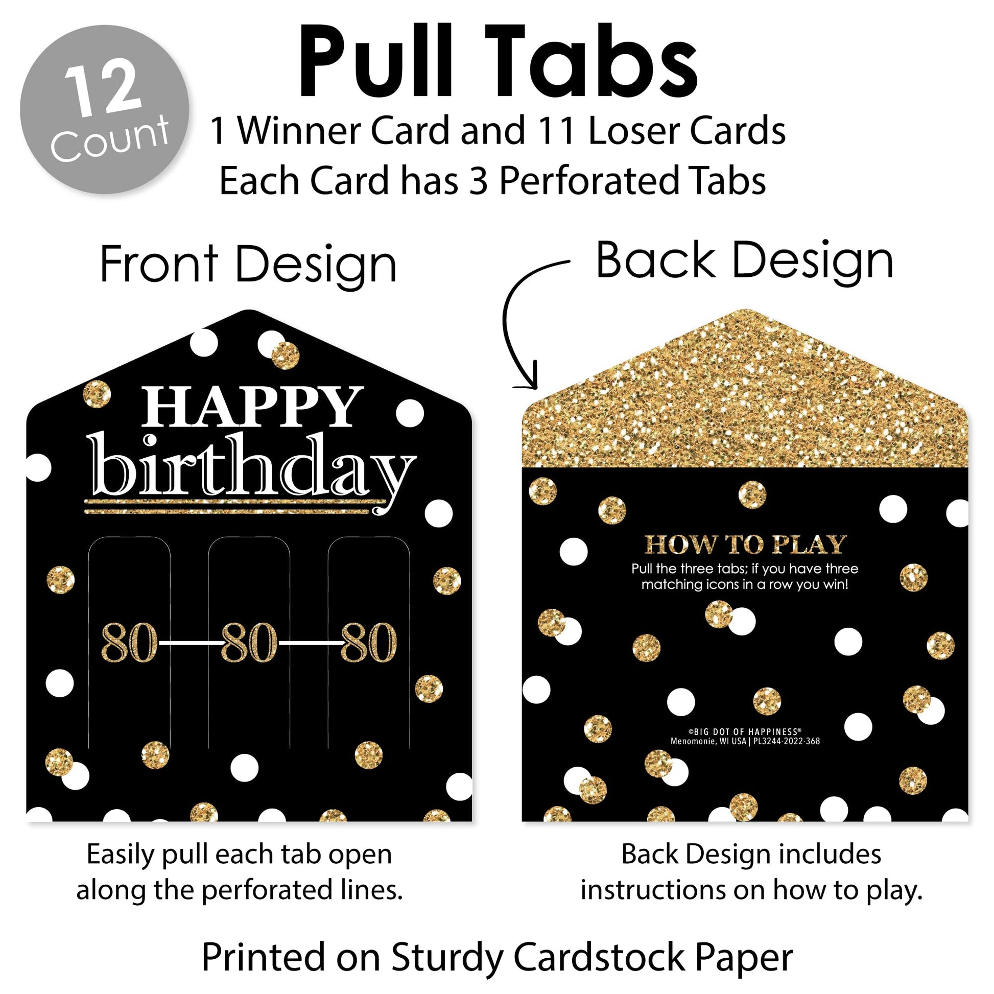 Big Dot of Happiness Adult 80th Birthday - Gold - Birthday Party Game Pickle Cards - Pull Tabs 3-in-a-Row - Set of 12