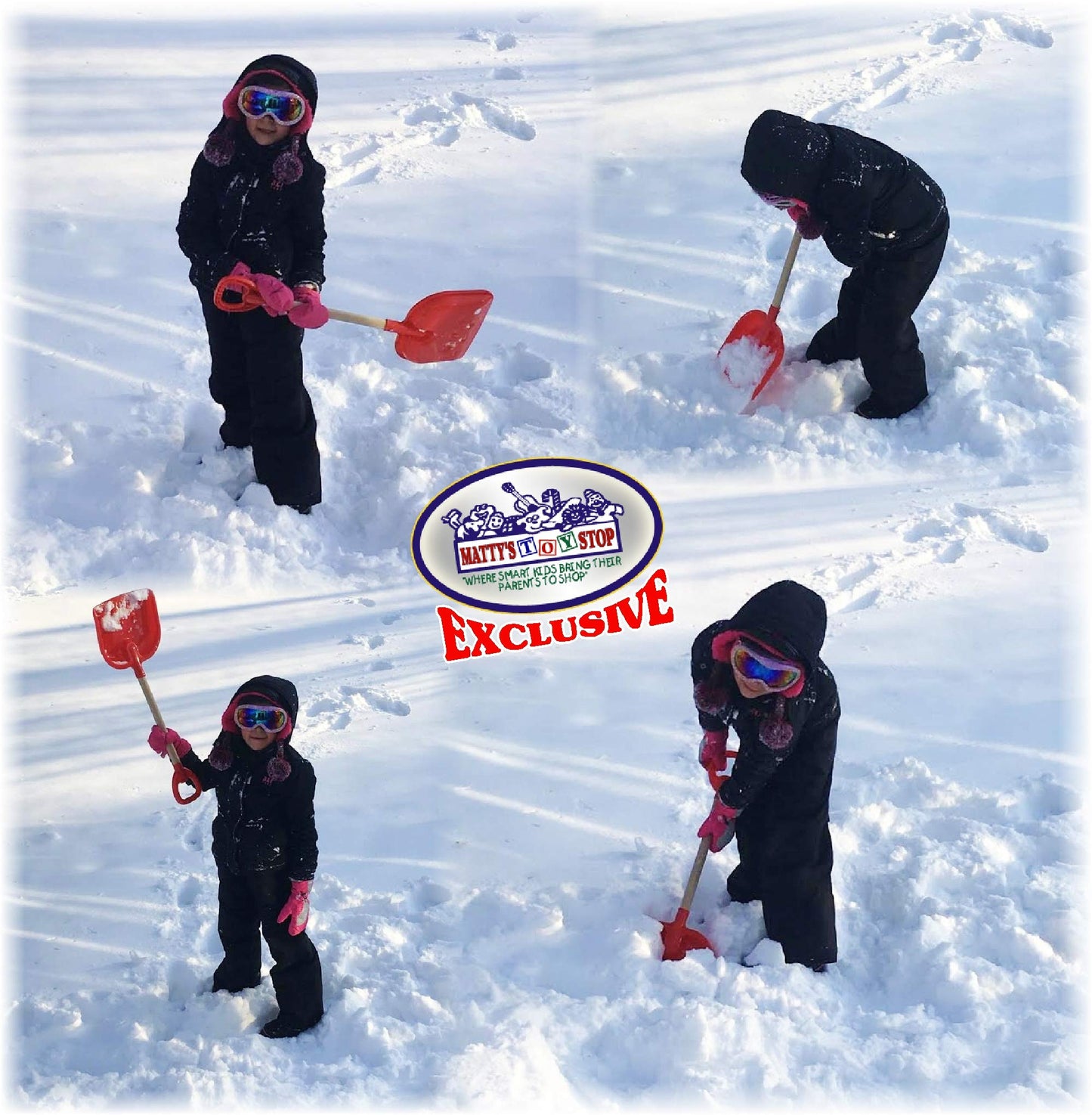 Matty's Toy Stop 28" Heavy Duty Wooden Snow Shovels with Plastic Scoop & Handle for Kids Red, Yellow & Blue Swirl Gift Set Bundle - 3 Pack