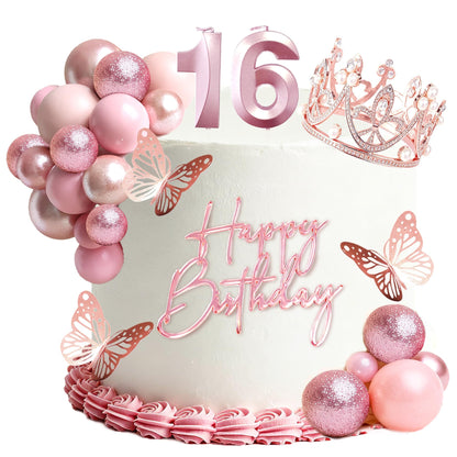 16th Birthday Rose Gold Cake Topper Set Sweet 16 Candles Cake Decorations
