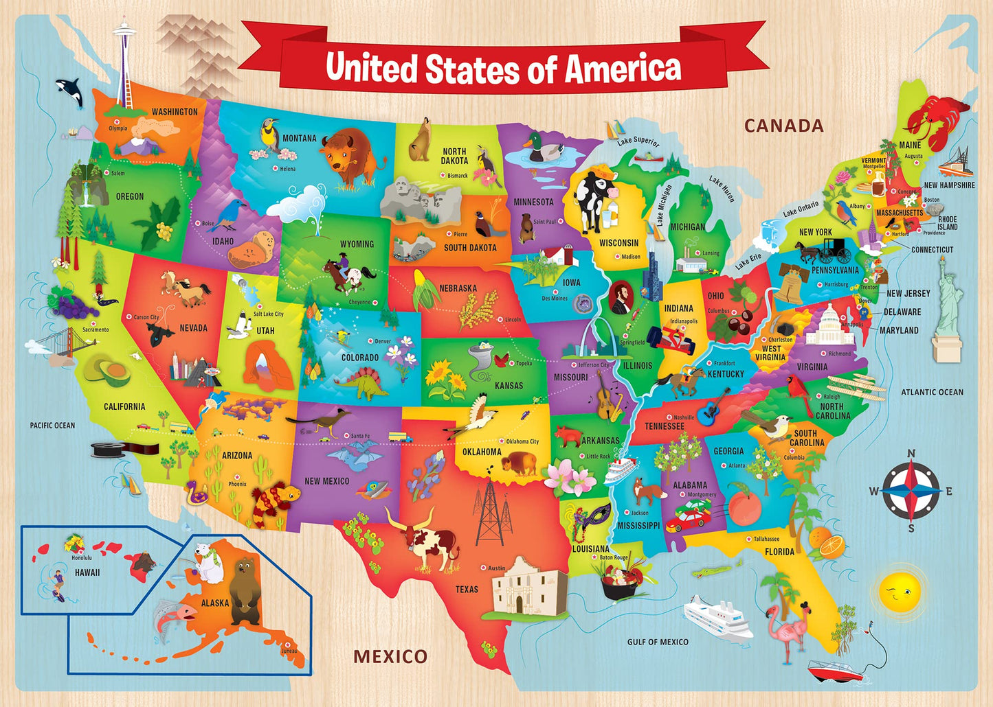 MasterPieces 44 Piece Jigsaw Puzzle for Kids - USA Map Wood Puzzle - 16.5"x11.8"